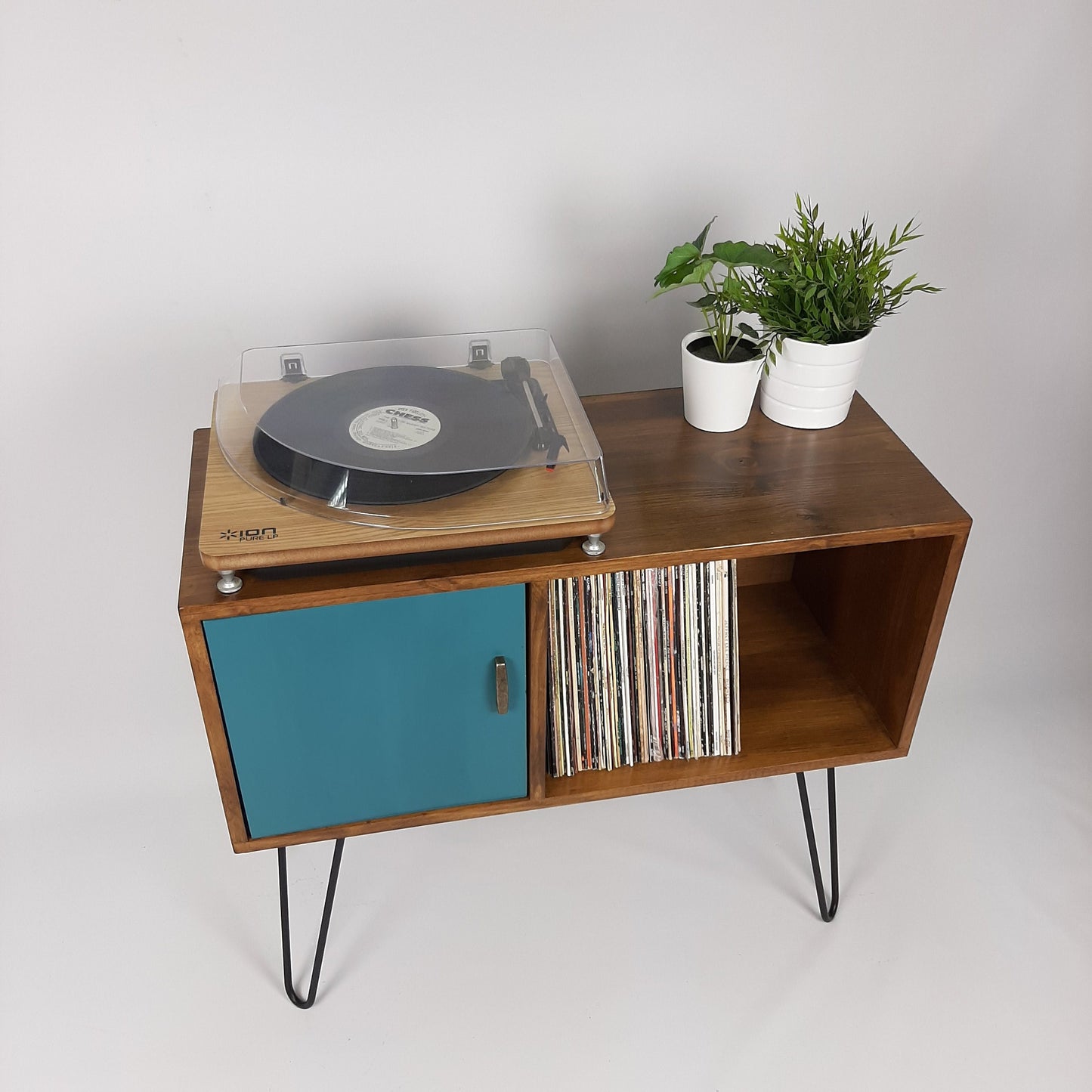Walnut Sideboard Black Hairpin Legs & Royal Blue Door | Solid Wood Sideboard | Handmade | Vinyl record Storage