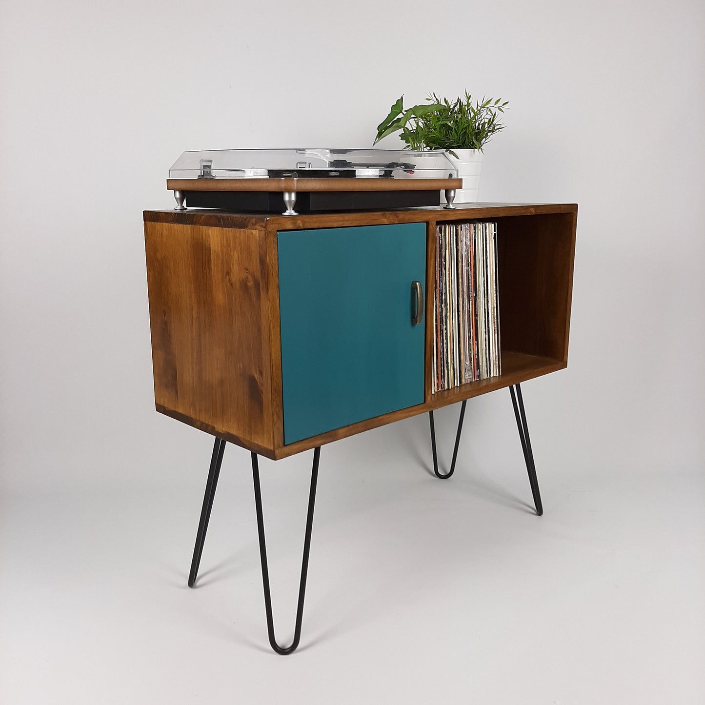 Walnut Sideboard Black Hairpin Legs & Royal Blue Door | Solid Wood Sideboard | Handmade | Vinyl record Storage