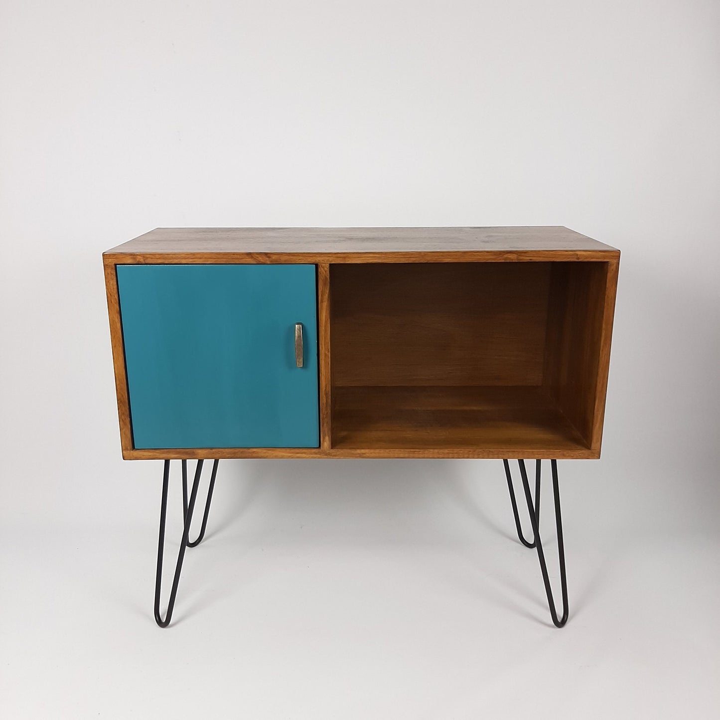Walnut Sideboard Black Hairpin Legs & Royal Blue Door | Solid Wood Sideboard | Handmade | Vinyl record Storage