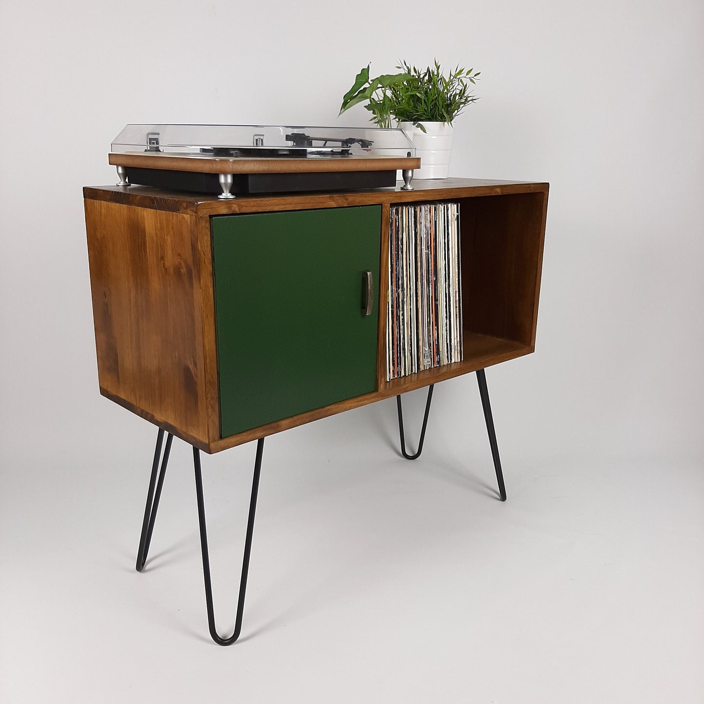 Vinyl Record Storage | Walnut Sideboard with Black Hairpin Legs | Emerald Green