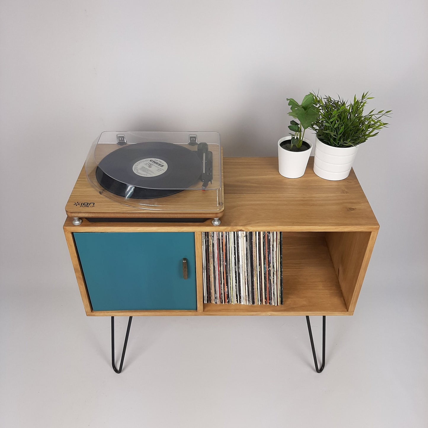 Oak Sideboard Royal Blue Door | Hairpin Legs | Media Console | Vinyl Cabinet | Vinyl Storage