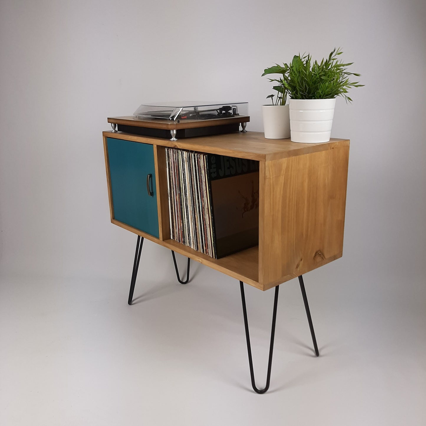 Oak Sideboard Royal Blue Door | Hairpin Legs | Media Console | Vinyl Cabinet | Vinyl Storage