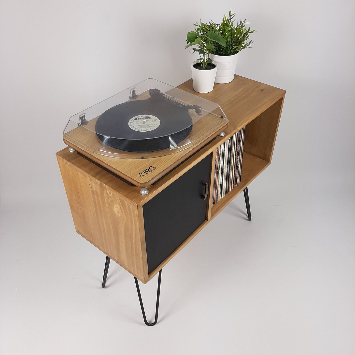 Oak Sideboard Black Hairpin Legs & Door | Medium Sideboard | Vinyl Storage | Mid Century Modern | Buffet
