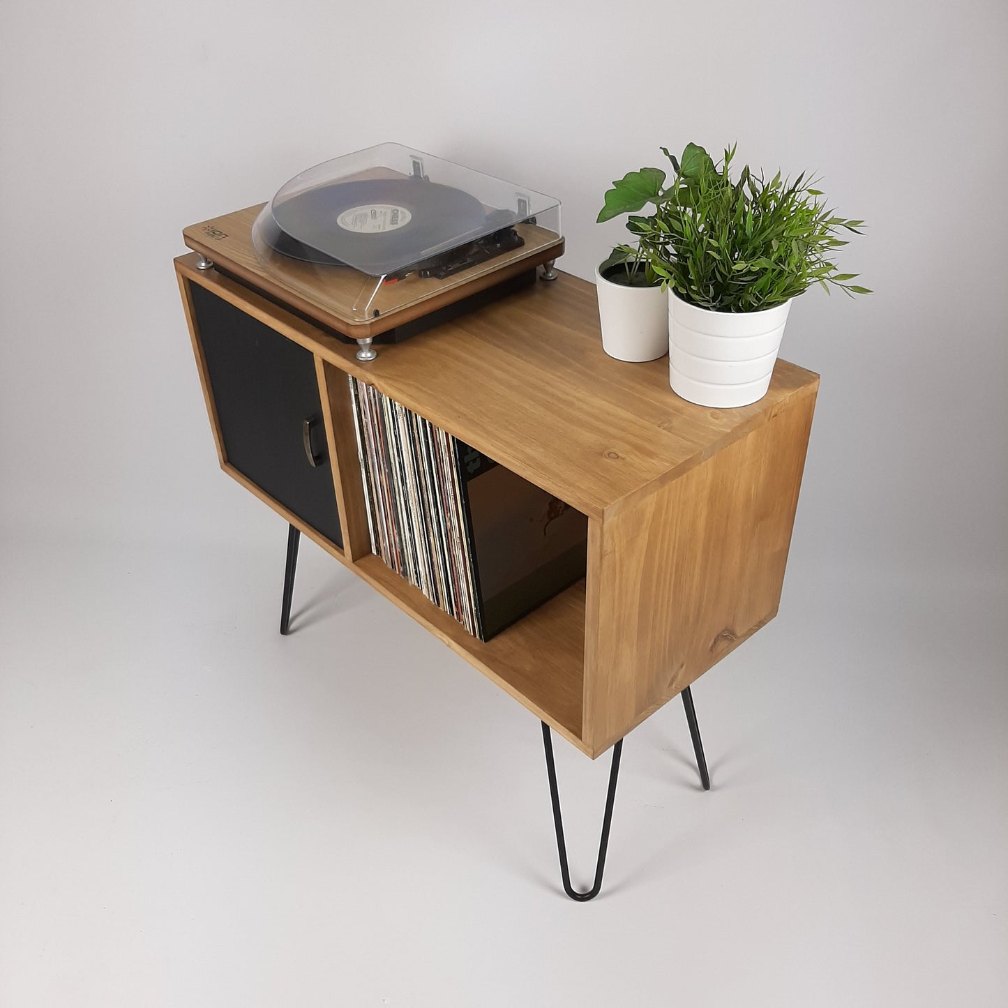 Oak Sideboard Black Hairpin Legs & Door | Medium Sideboard | Vinyl Storage | Mid Century Modern | Buffet