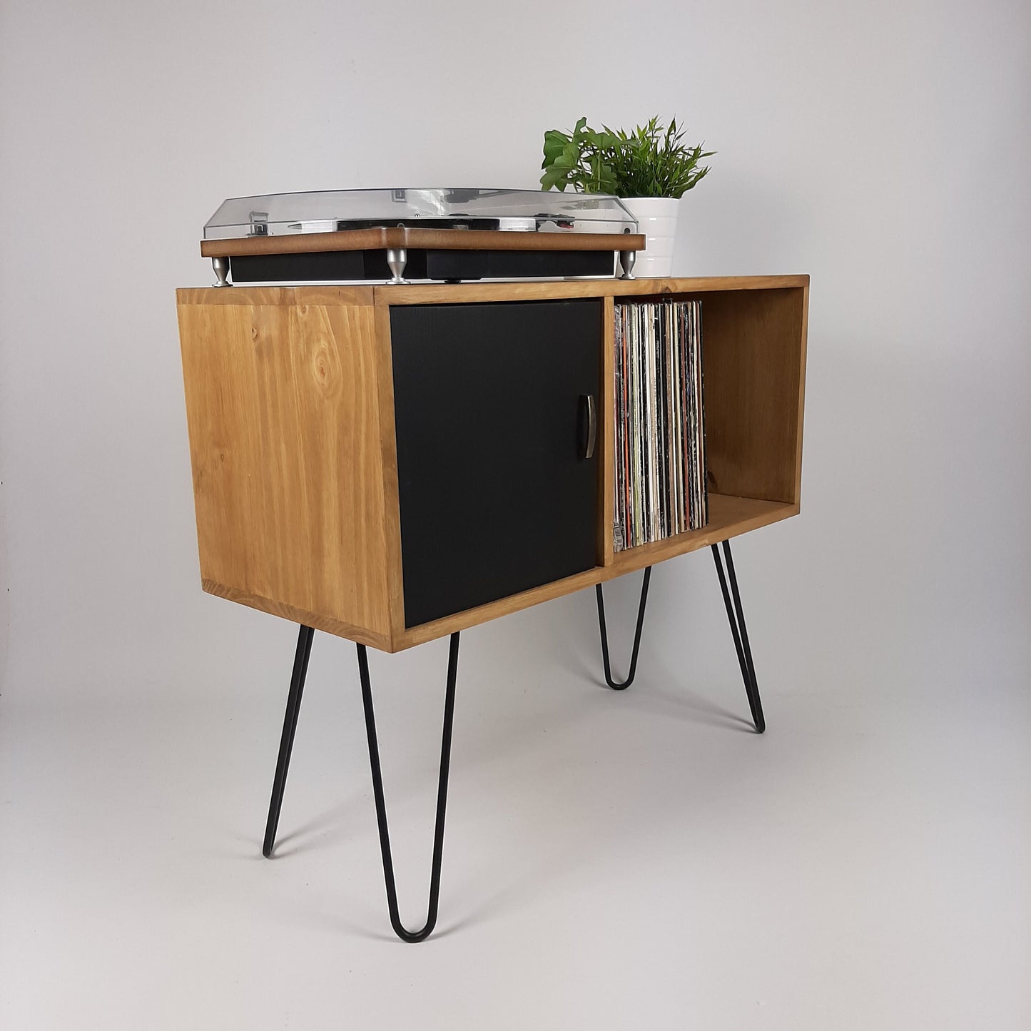 Oak Sideboard Black Hairpin Legs & Door | Medium Sideboard | Vinyl Storage | Mid Century Modern | Buffet