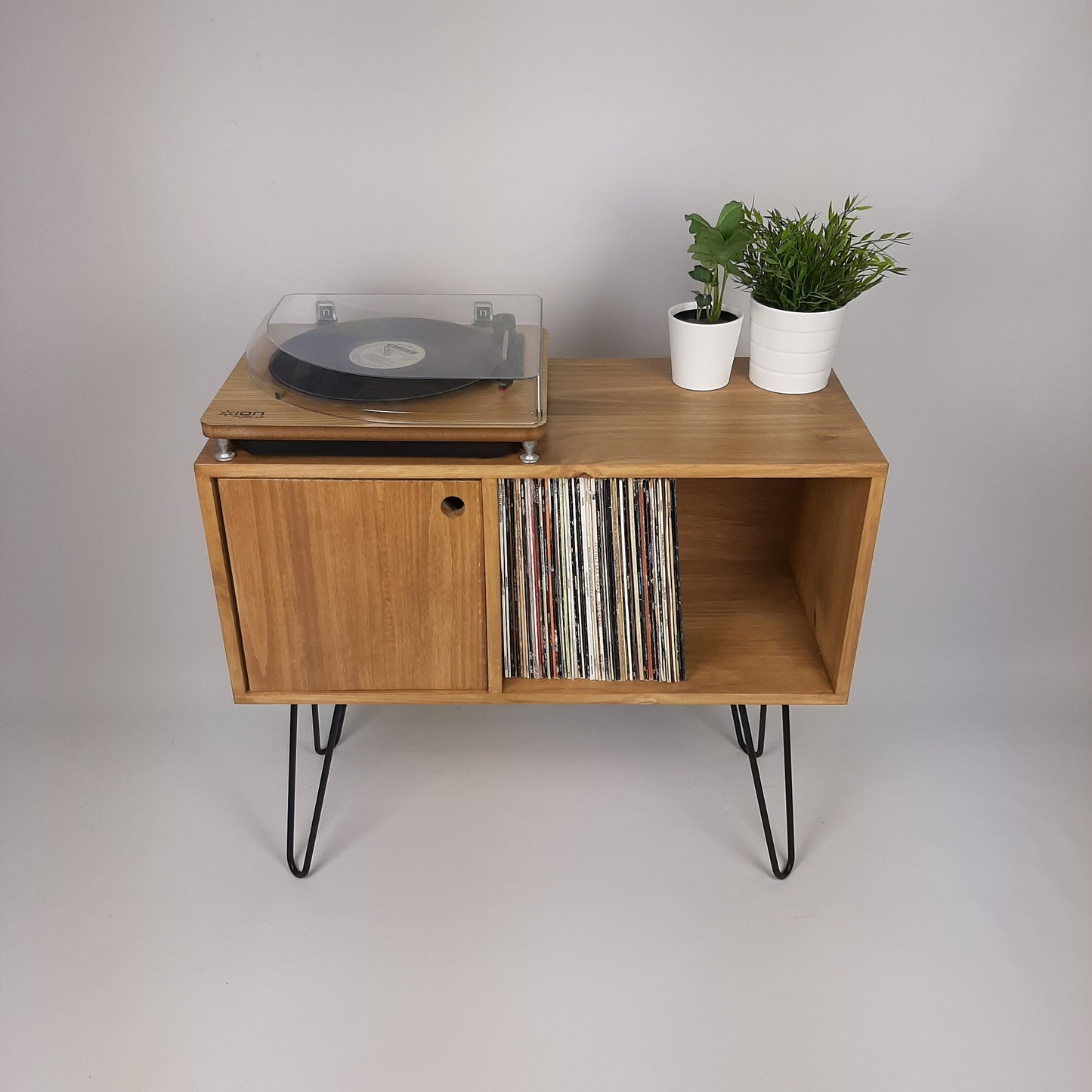 Oak Sideboard Black Haipin Legs Table | Medium Sideboard | Media Console | Mid Century Modern Vinyl Storage | Mid Century Sideboard