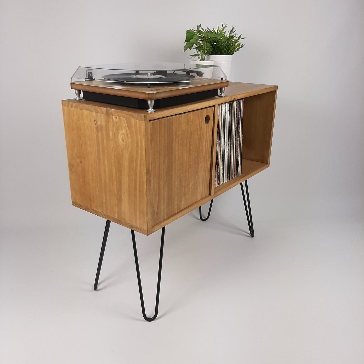 Oak Sideboard Black Haipin Legs Table | Medium Sideboard | Media Console | Mid Century Modern Vinyl Storage | Mid Century Sideboard