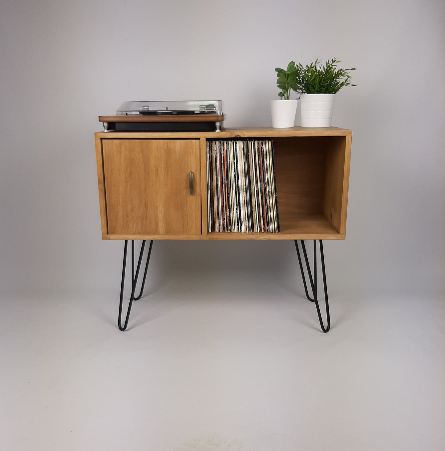 Oak Sideboard with Brass Handle | Black Haipin Legs Table | Media Console | Mid Century Modern Vinyl Storage | Mid Century Sideboard