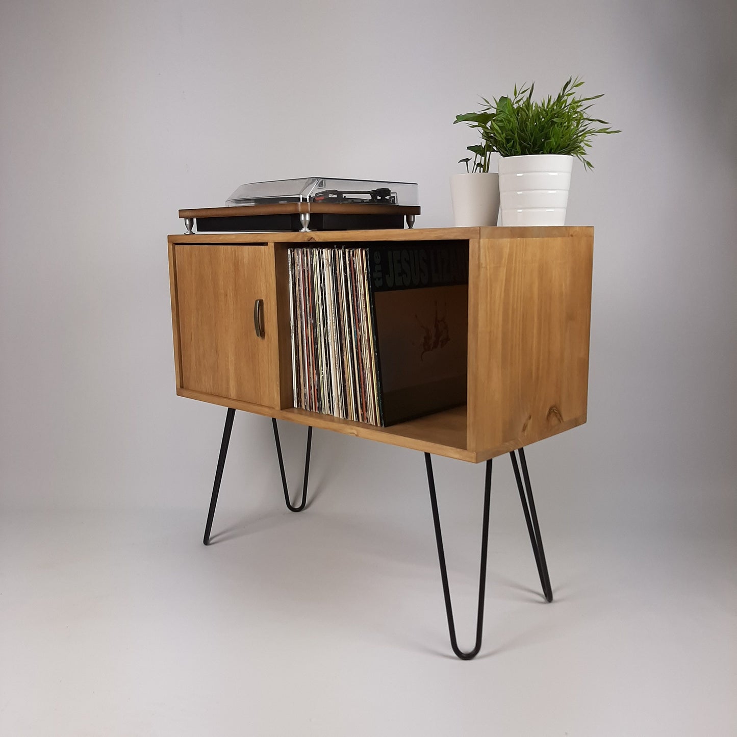 Oak Sideboard with Brass Handle | Black Haipin Legs Table | Media Console | Mid Century Modern Vinyl Storage | Mid Century Sideboard