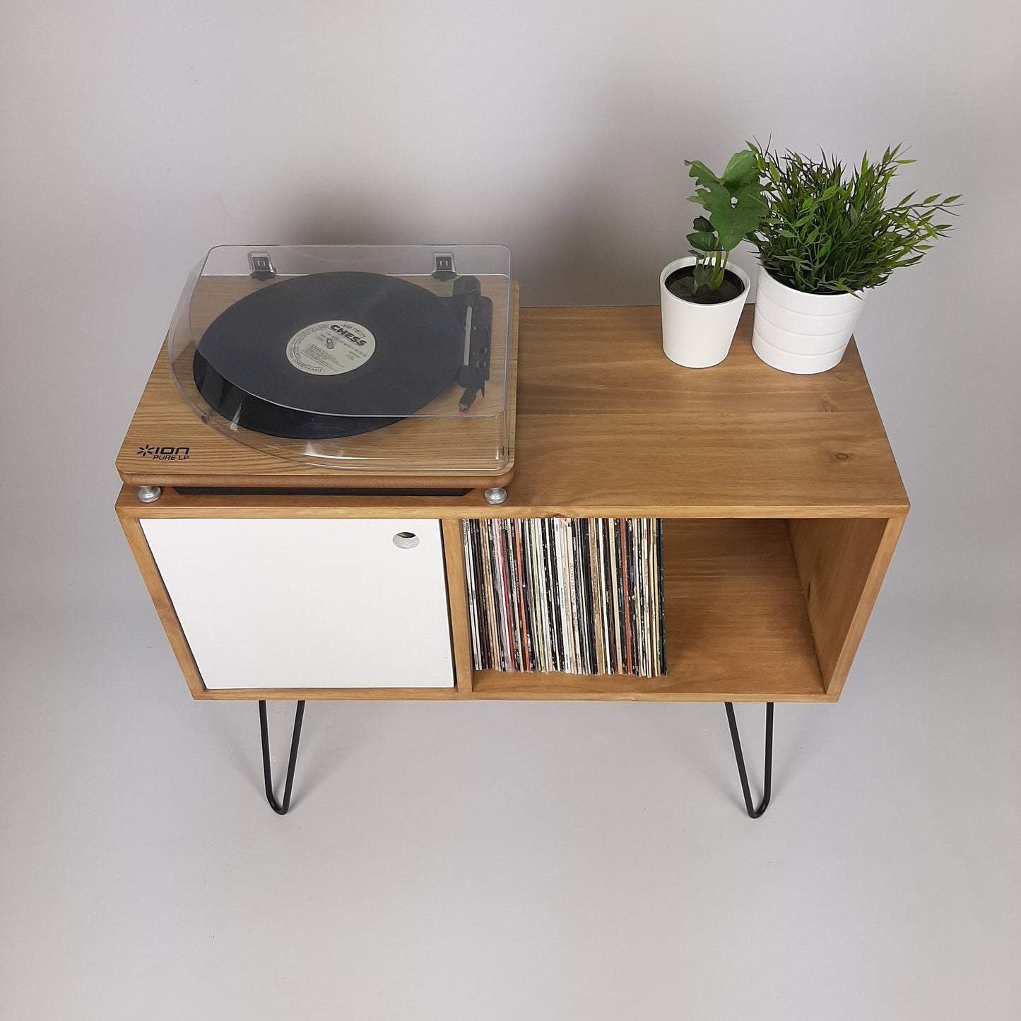Oak Sideboard White Door And Black Hairpin Legs | Classic Vinyl Storage Table | Mid Century Modern | Sideboard | Console Table
