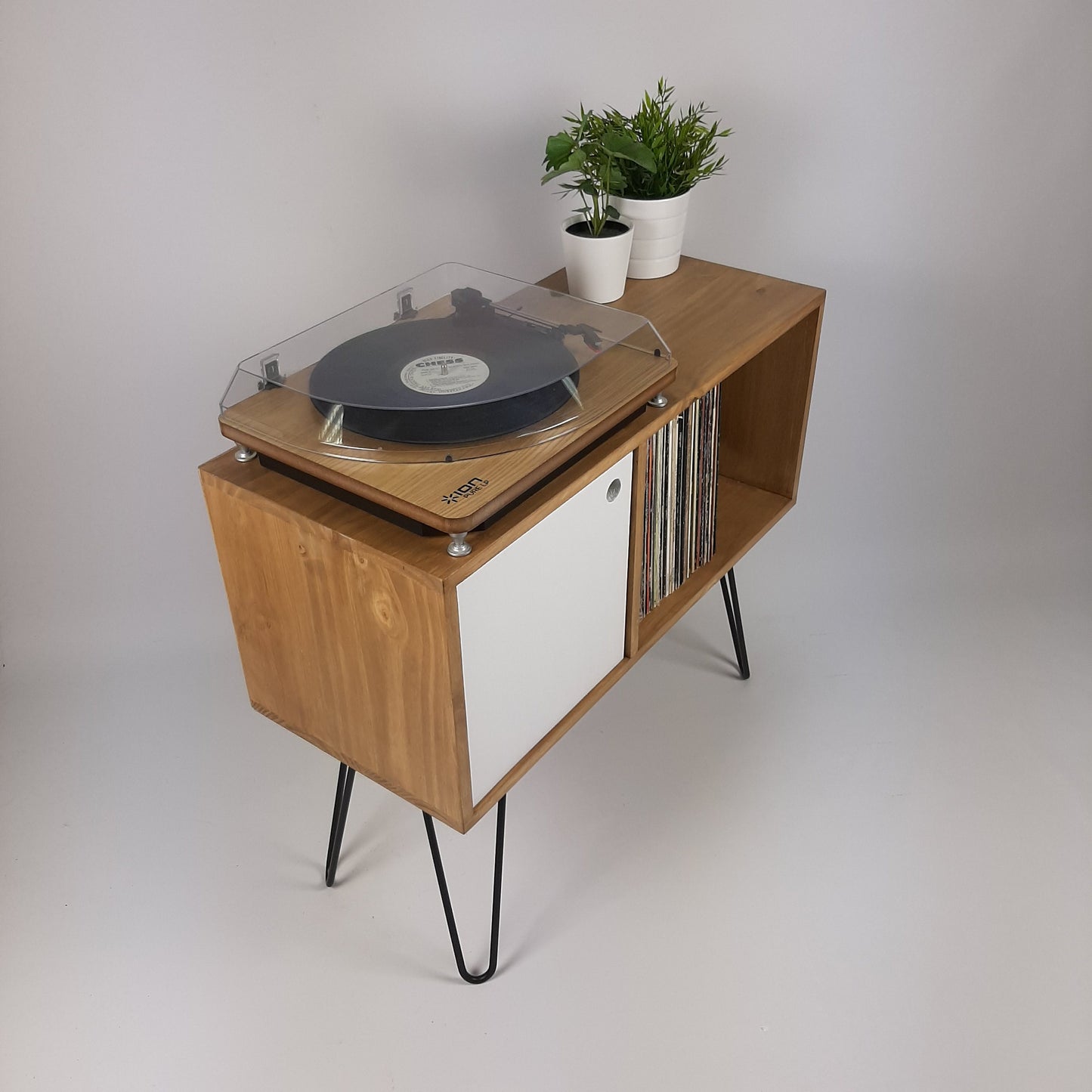 Oak Sideboard White Door And Black Hairpin Legs | Classic Vinyl Storage Table | Mid Century Modern | Sideboard | Console Table