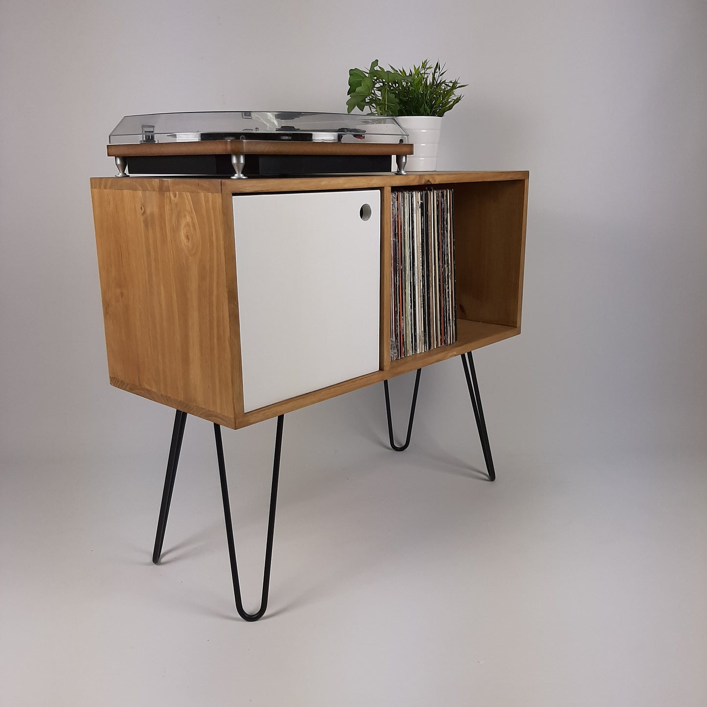 Oak Sideboard White Door And Black Hairpin Legs | Classic Vinyl Storage Table | Mid Century Modern | Sideboard | Console Table