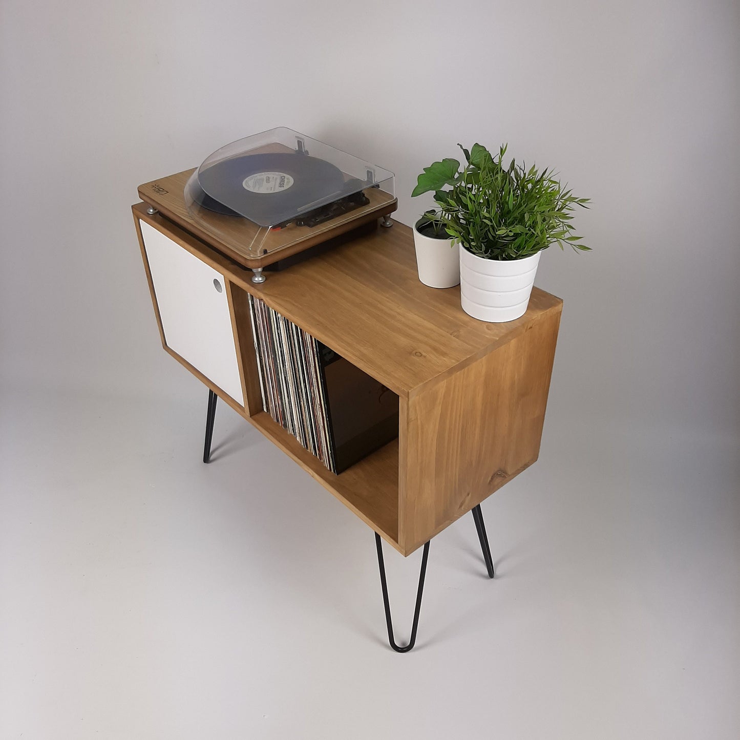 Oak Sideboard White Door And Black Hairpin Legs | Classic Vinyl Storage Table | Mid Century Modern | Sideboard | Console Table
