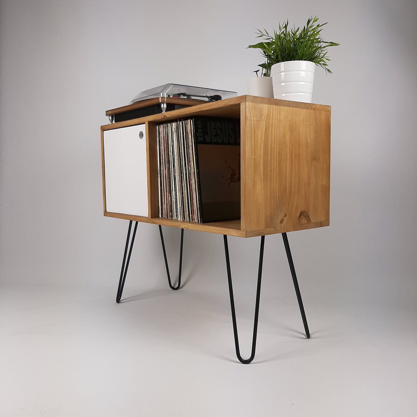 Oak Sideboard White Door And Black Hairpin Legs | Classic Vinyl Storage Table | Mid Century Modern | Sideboard | Console Table