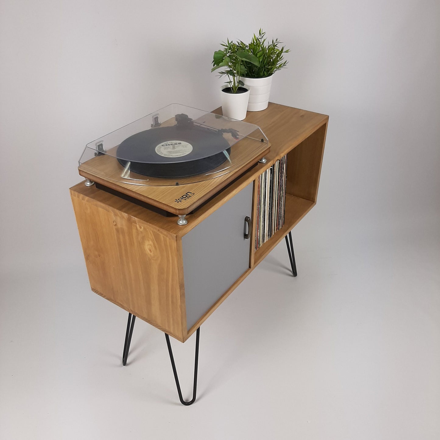 Oak Sideboard with Grey Door & Black Hairpin Legs | Medium Sideboard | Vinyl Storage | Mid Century Modern | Buffet
