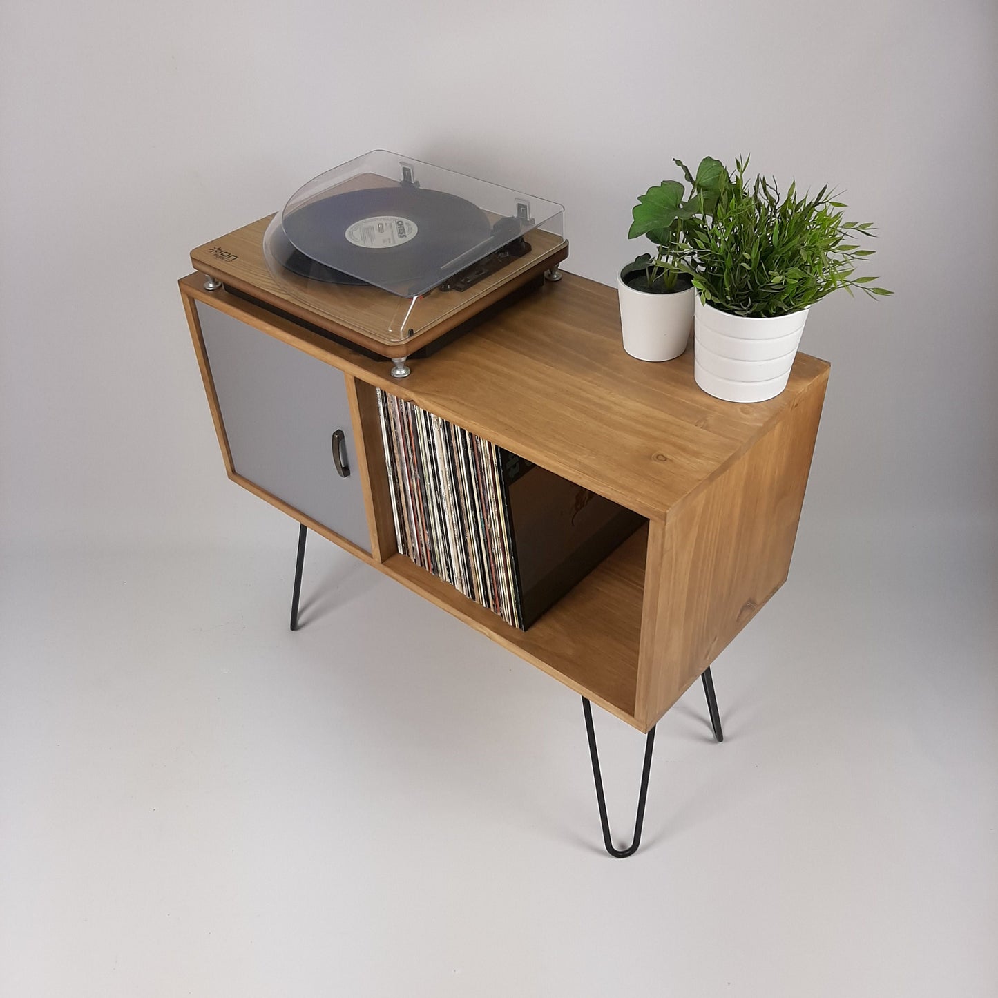 Oak Sideboard with Grey Door & Black Hairpin Legs | Medium Sideboard | Vinyl Storage | Mid Century Modern | Buffet