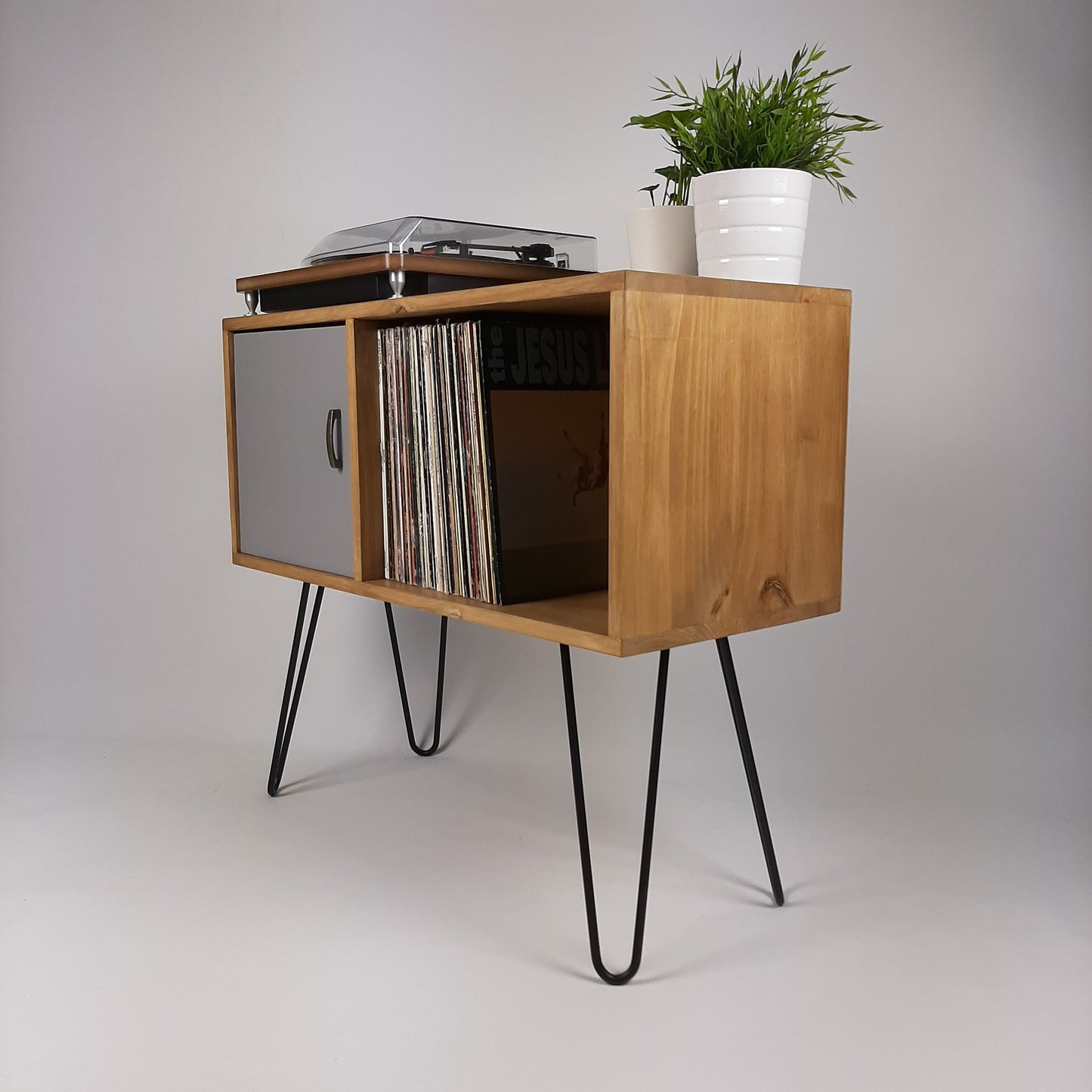 Oak Sideboard with Grey Door & Black Hairpin Legs | Medium Sideboard | Vinyl Storage | Mid Century Modern | Buffet