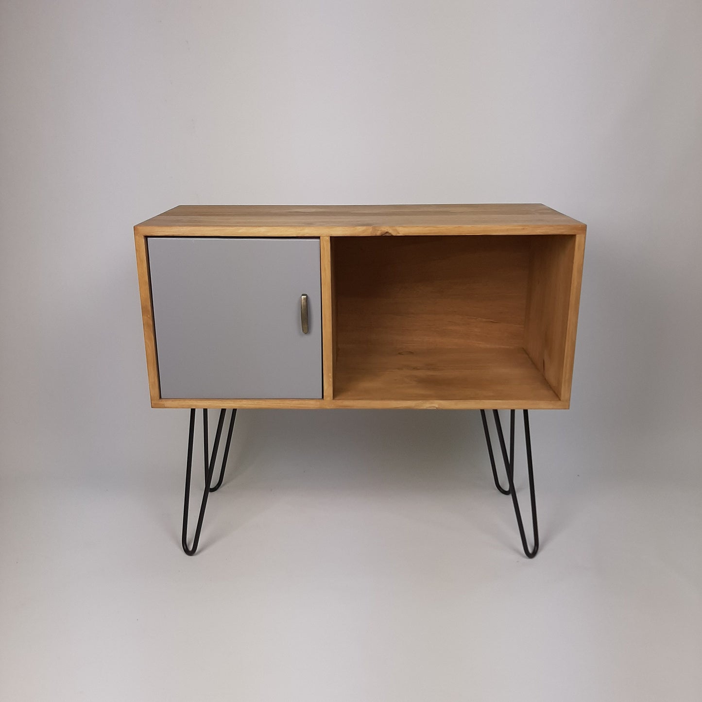 Oak Sideboard with Grey Door & Black Hairpin Legs | Medium Sideboard | Vinyl Storage | Mid Century Modern | Buffet