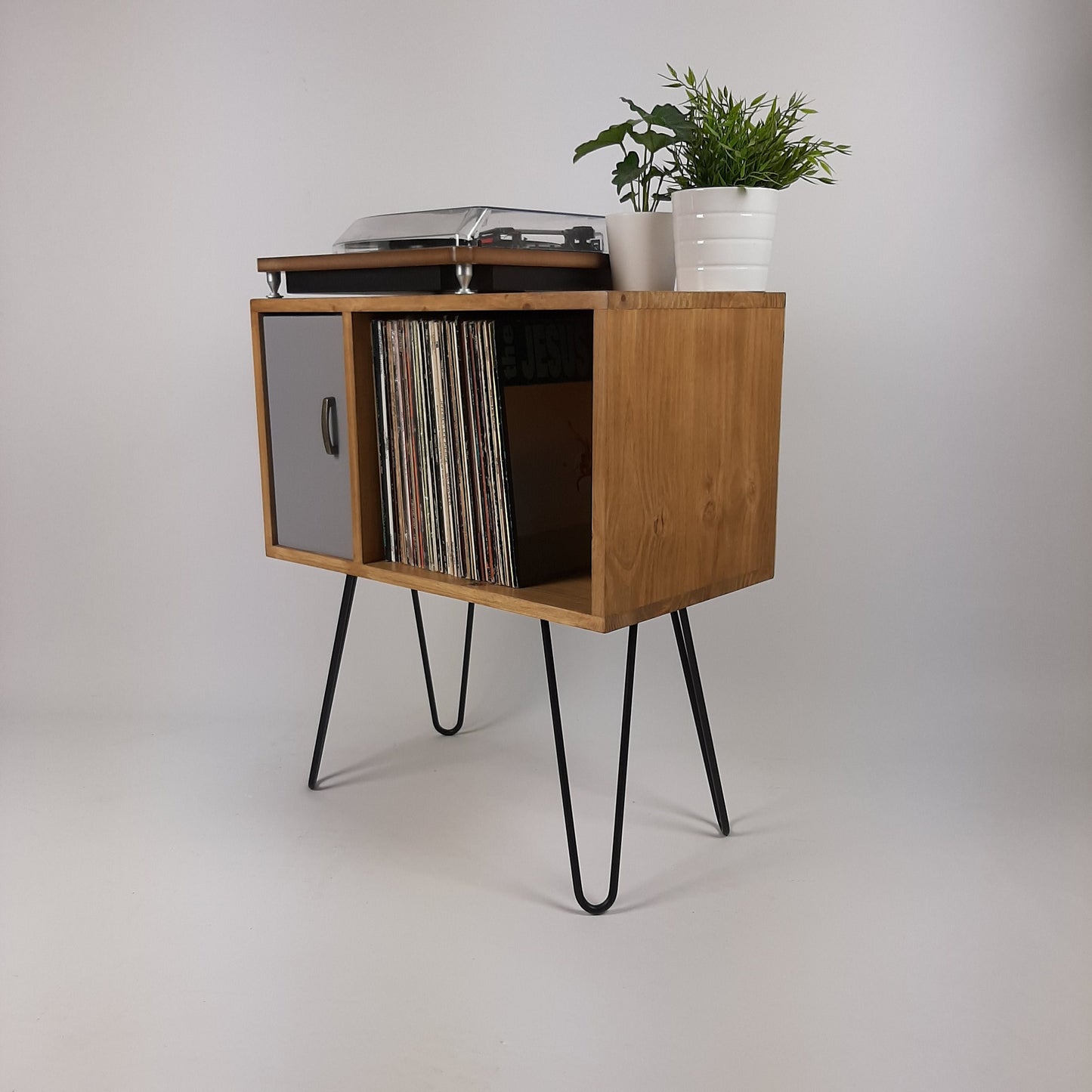 Small Oak Credenza | Grey Door | Media Unit | Storage Buffet | Scandi Minimalist Design | Hairpin Legs Table