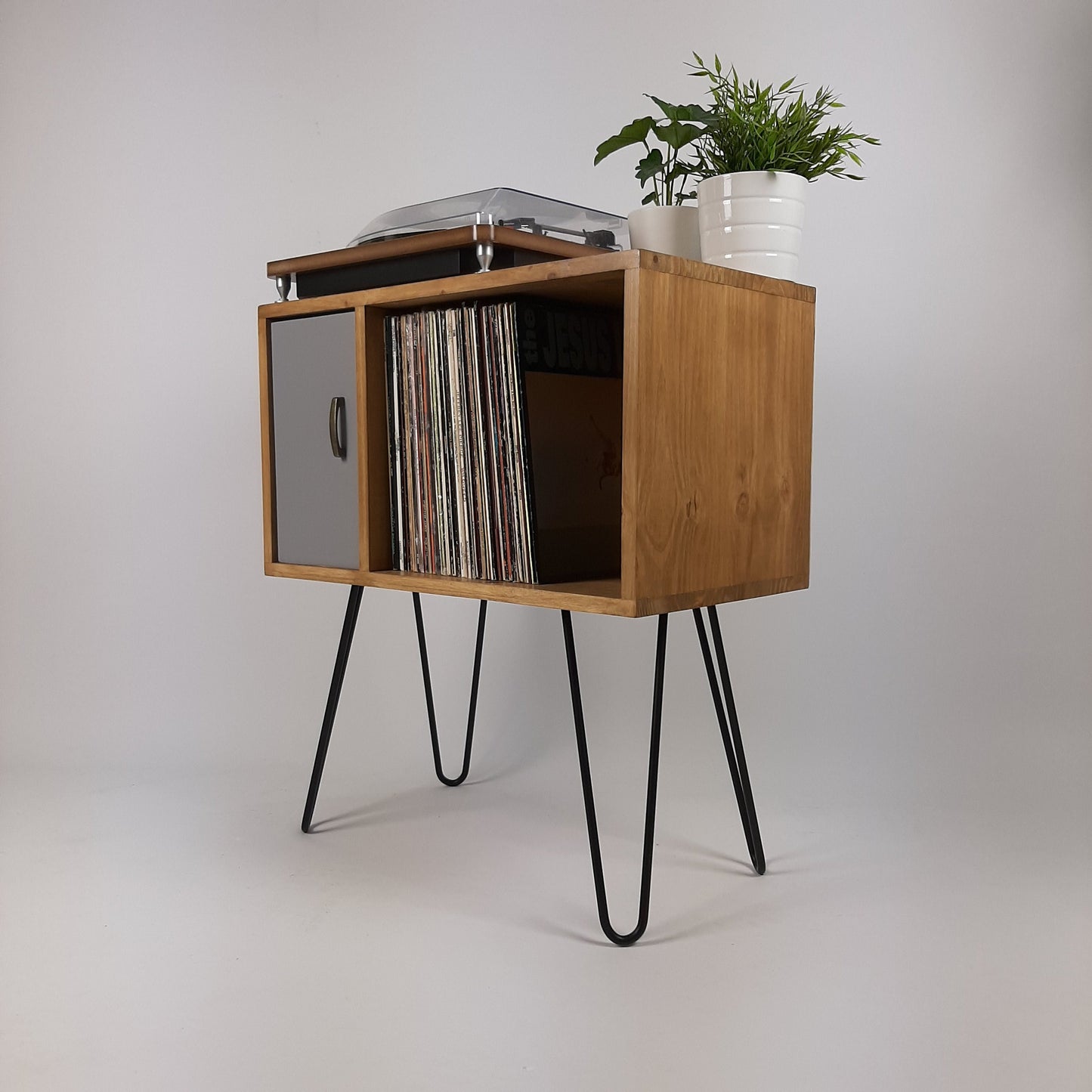 Small Oak Credenza | Grey Door | Media Unit | Storage Buffet | Scandi Minimalist Design | Hairpin Legs Table