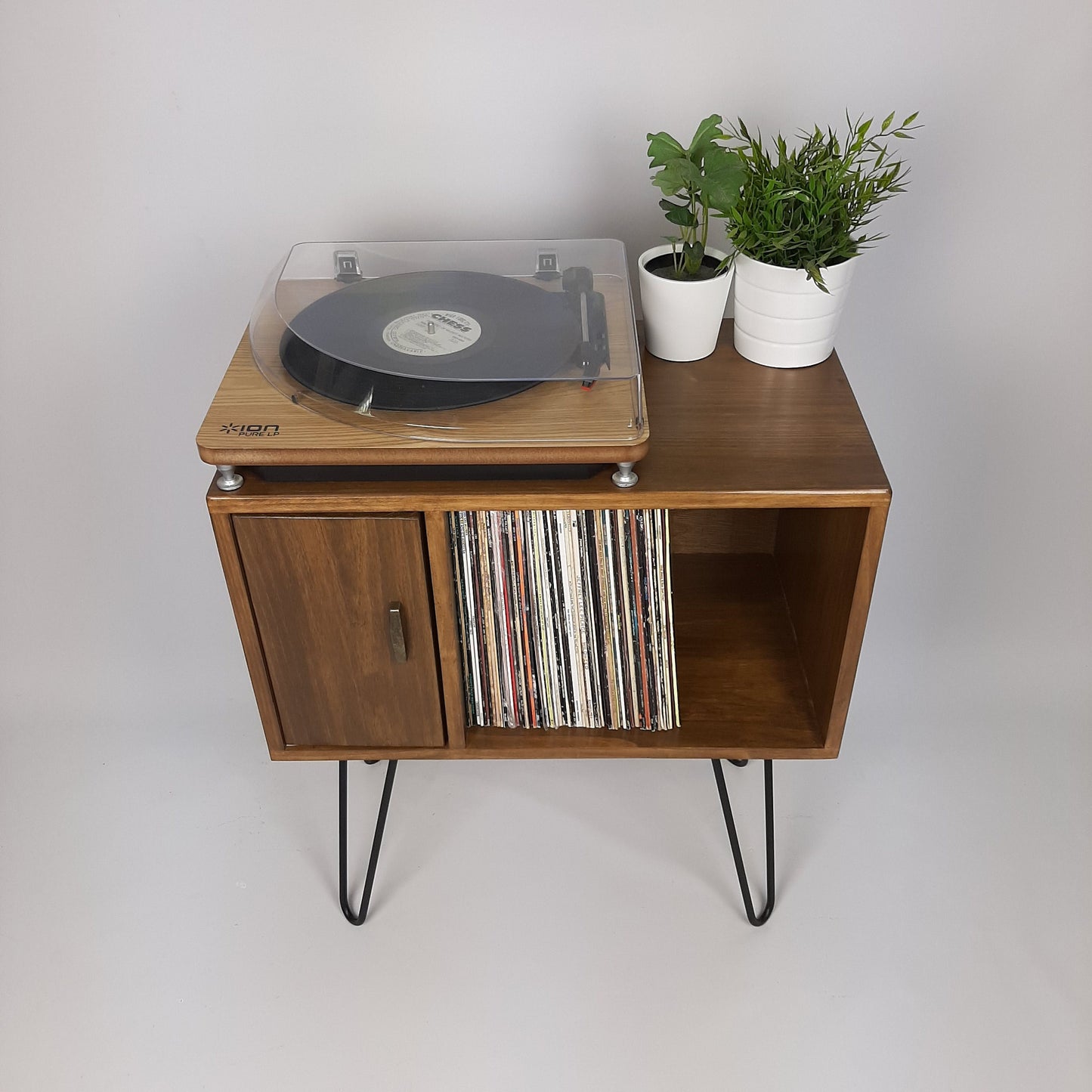 Designer Cabinet | Small Media Console | Brass Hairpin Legs | Walnut Sideboard | Vinyl Record Storage | Danish Furniture | Scandi