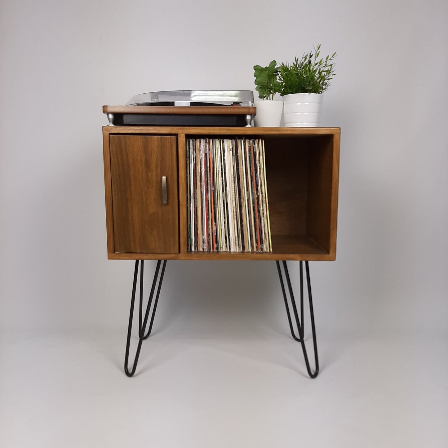 Designer Cabinet | Small Media Console | Brass Hairpin Legs | Walnut Sideboard | Vinyl Record Storage | Danish Furniture | Scandi