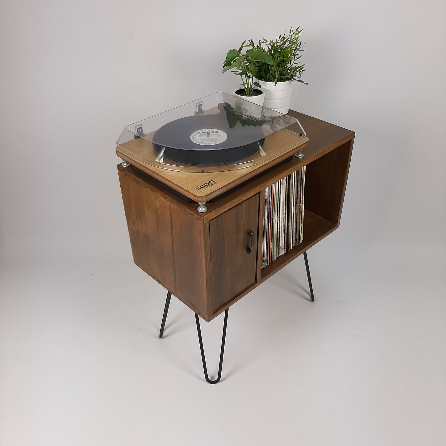 Designer Cabinet | Small Media Console | Brass Hairpin Legs | Walnut Sideboard | Vinyl Record Storage | Danish Furniture | Scandi
