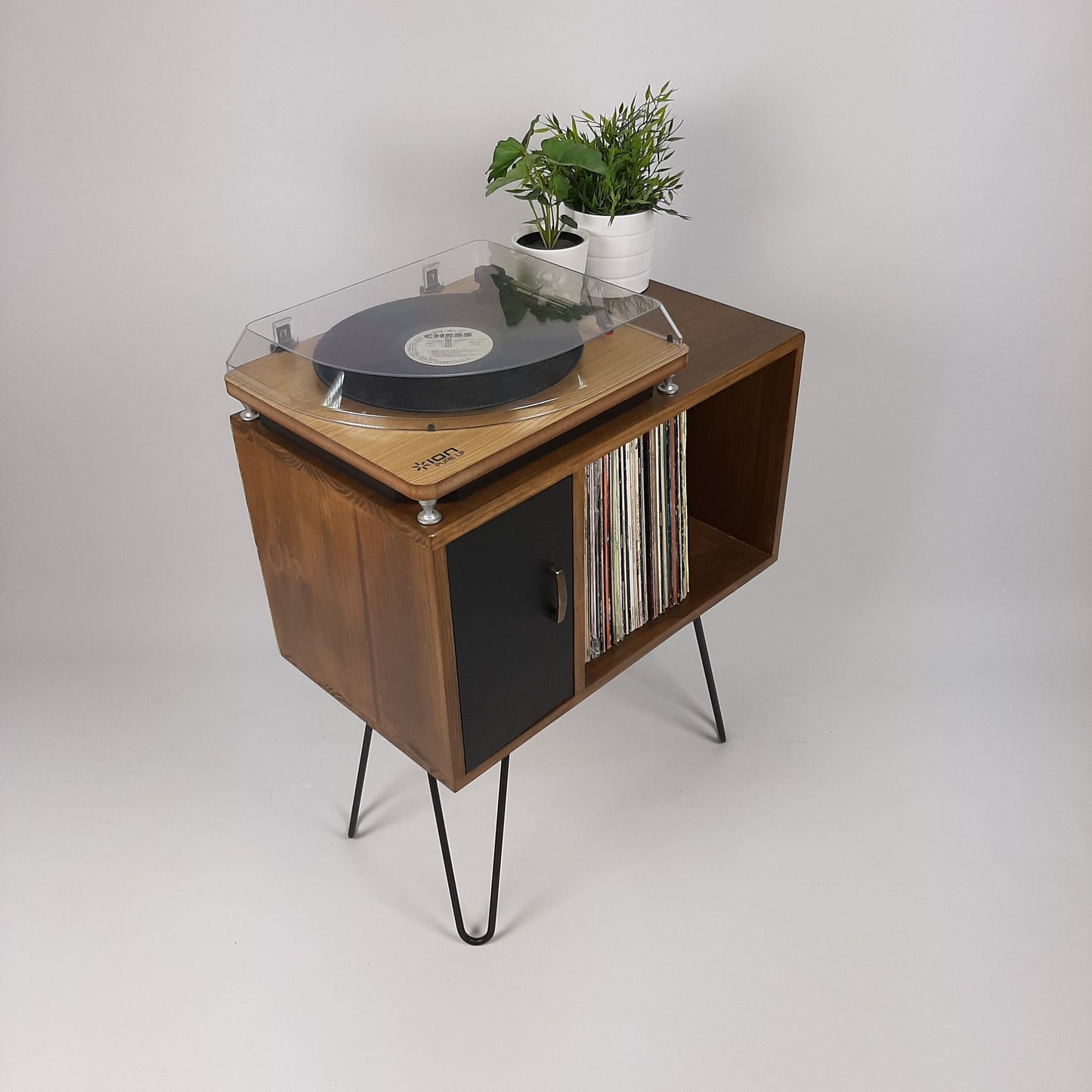 Small Walnut Sideboard | Black Door & Hairpin Legs | Record Deck Table | Vinyl Storage | Designer Sideboard | Minimalist Furniture