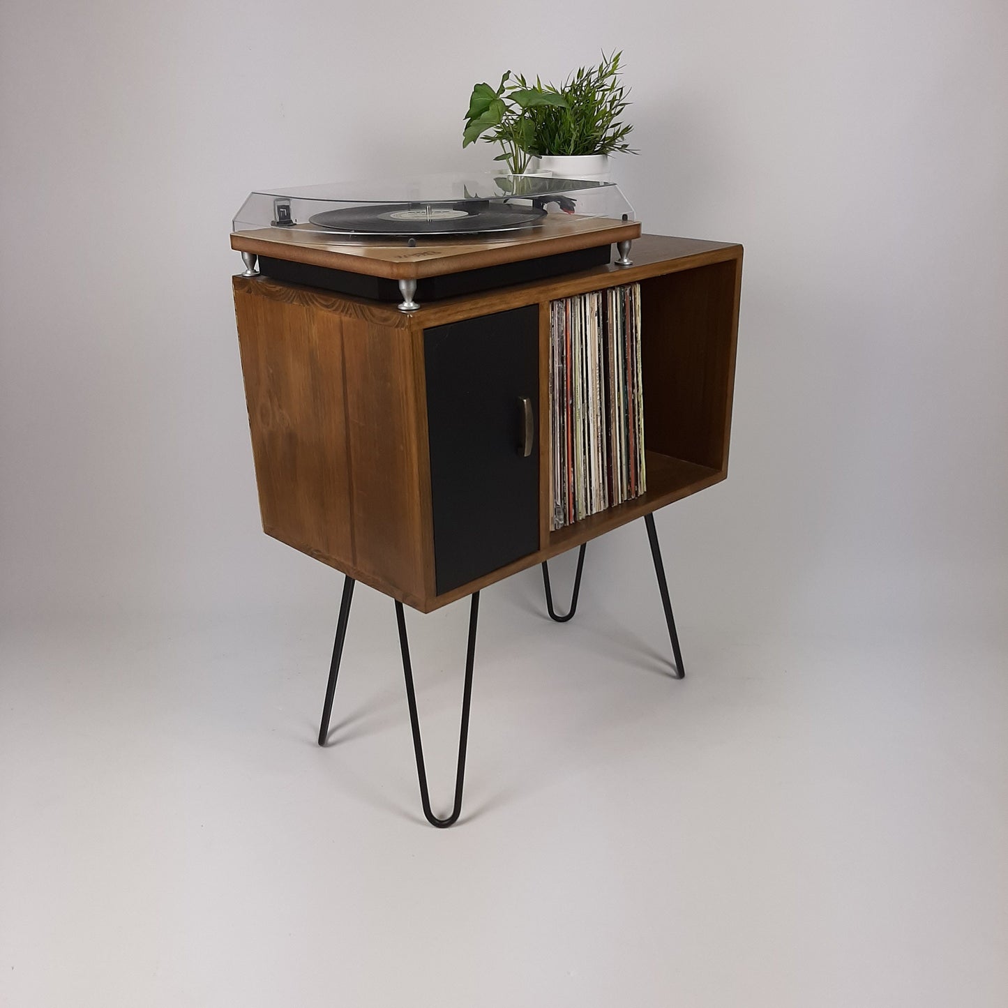 Small Walnut Sideboard | Black Door & Hairpin Legs | Record Deck Table | Vinyl Storage | Designer Sideboard | Minimalist Furniture