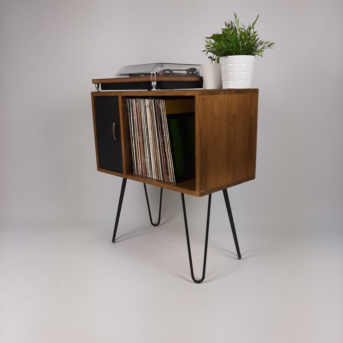 Small Walnut Sideboard | Black Door & Hairpin Legs | Record Deck Table | Vinyl Storage | Designer Sideboard | Minimalist Furniture