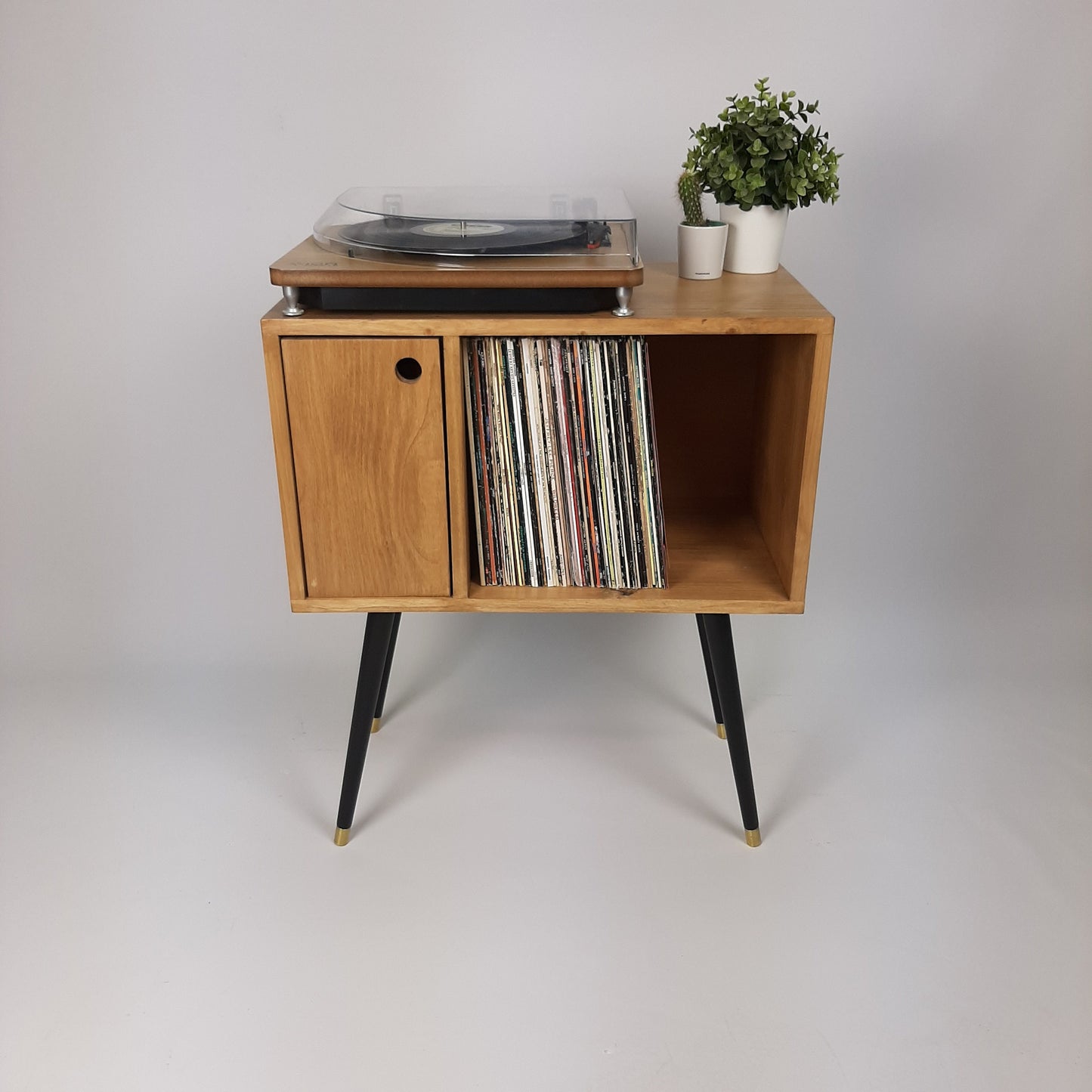 Oak Sideboard with Black 1950s Legs | Small Solid Wood Sideboard | Record Storage Console | Classic Style | Modernist Furniture
