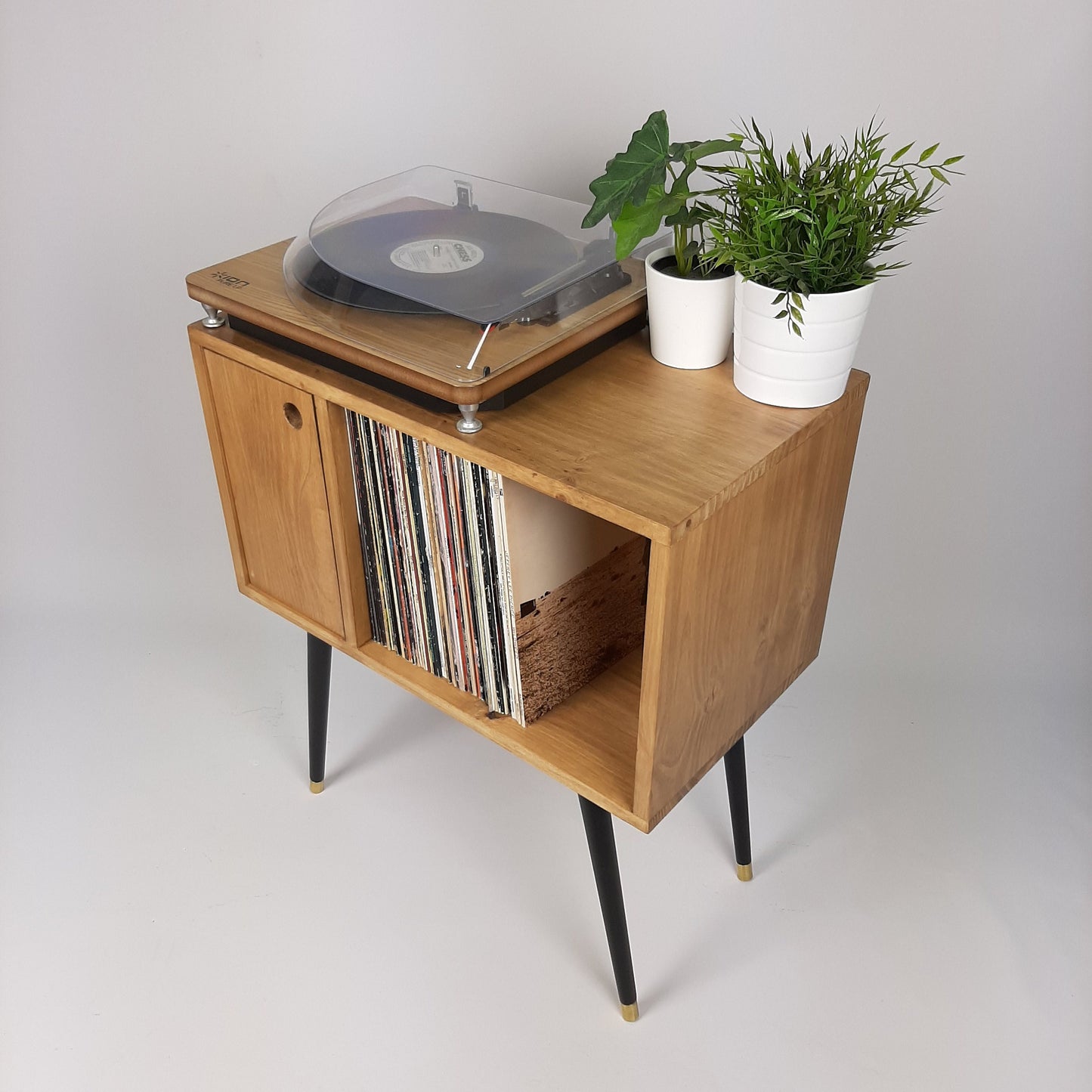 Oak Sideboard with Black 1950s Legs | Small Solid Wood Sideboard | Record Storage Console | Classic Style | Modernist Furniture