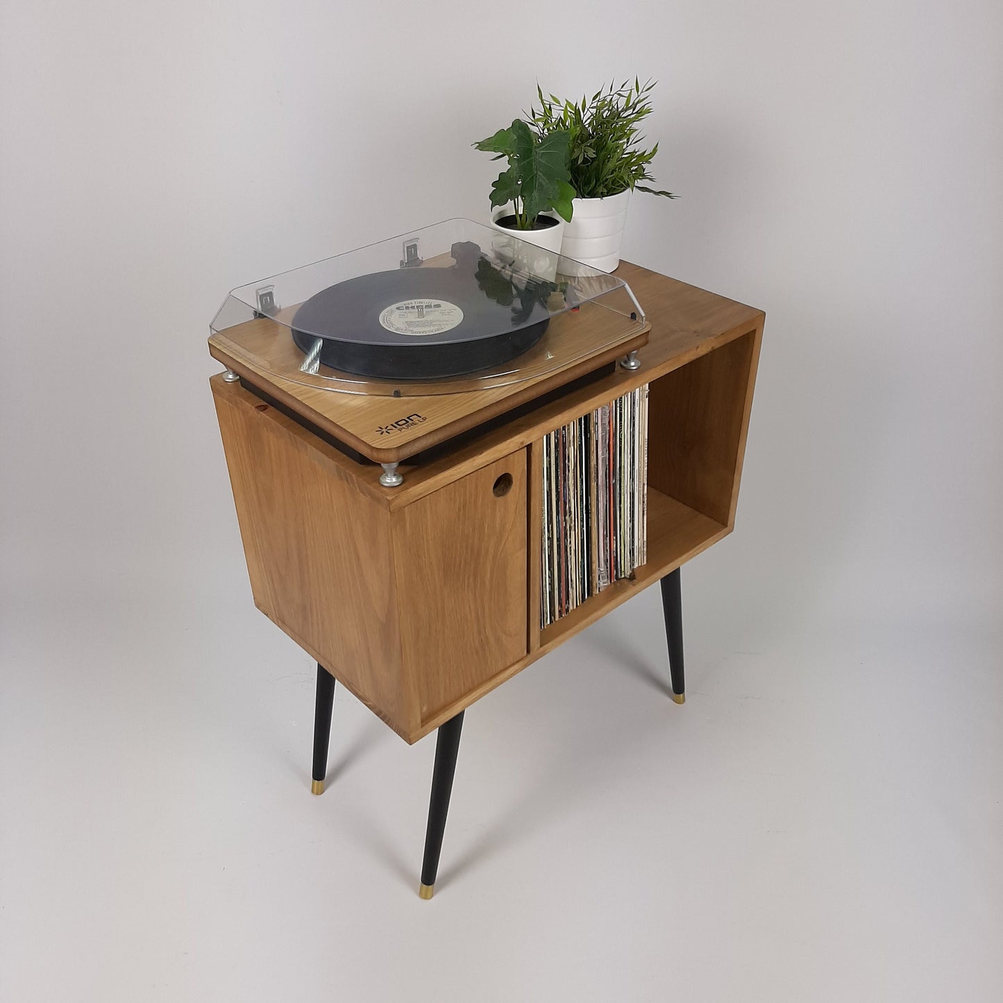 Oak Sideboard with Black 1950s Legs | Small Solid Wood Sideboard | Record Storage Console | Classic Style | Modernist Furniture