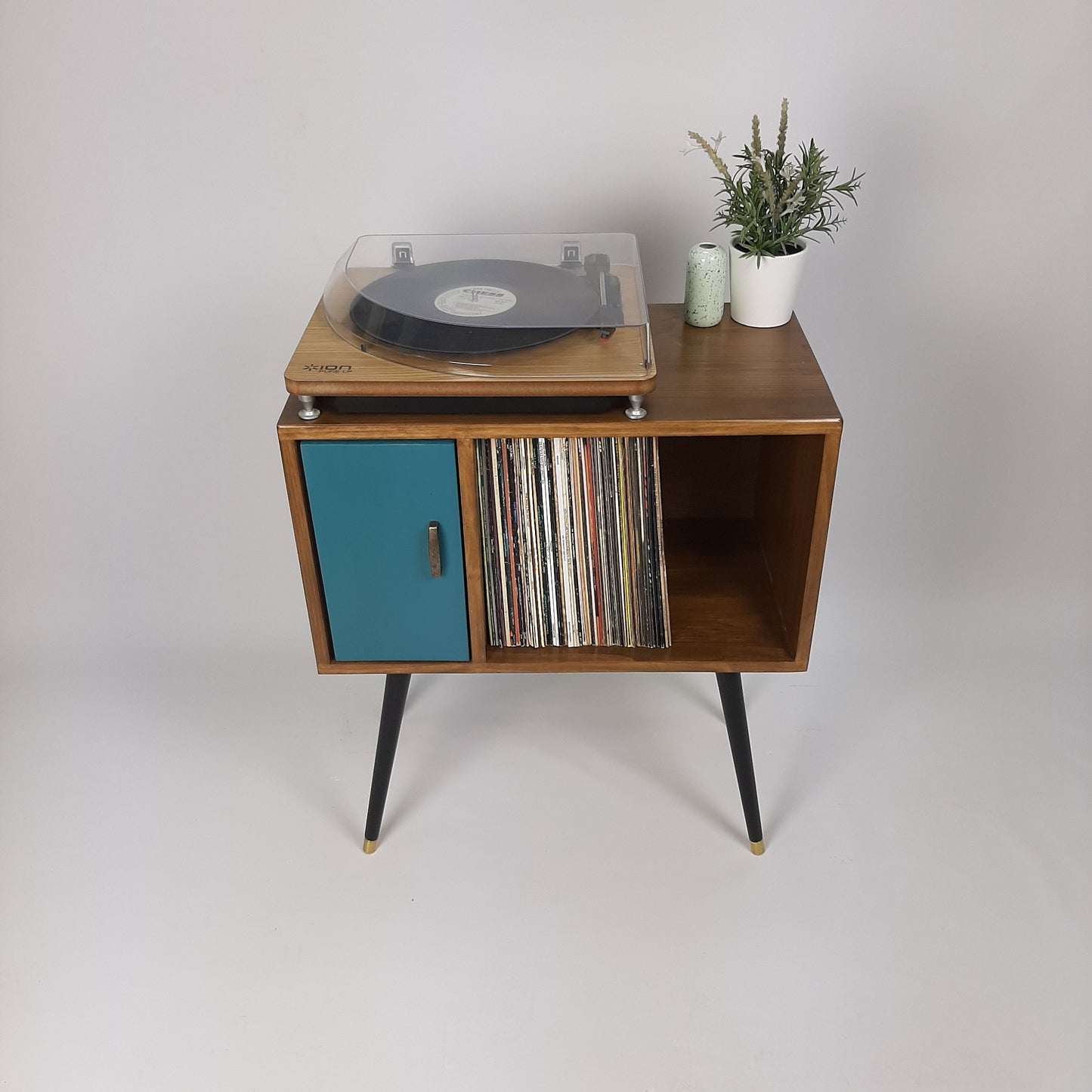 Compact Walnut Sideboard with Blue Door | Minimalist Media Console | Vinyl Record Storage | TV Stand | Solid Wood Sideboard