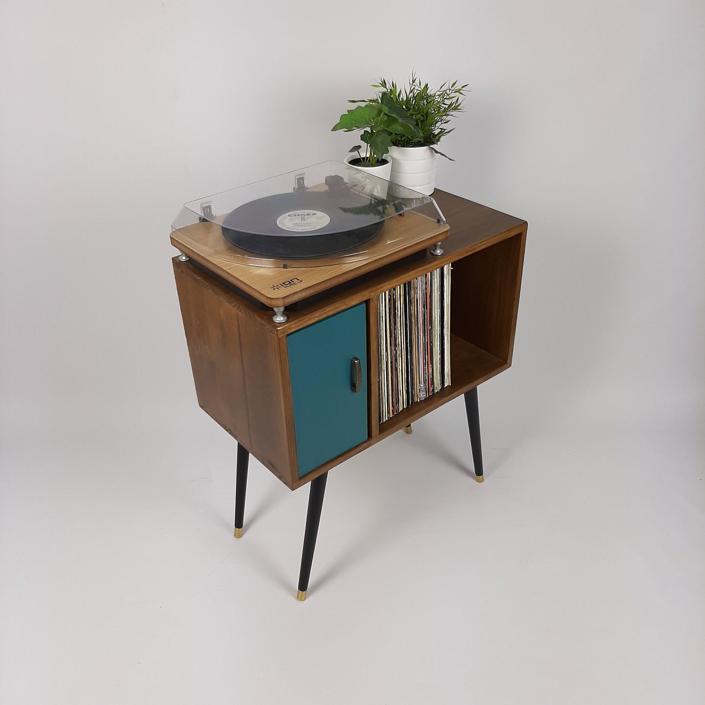 Compact Walnut Sideboard with Blue Door | Minimalist Media Console | Vinyl Record Storage | TV Stand | Solid Wood Sideboard