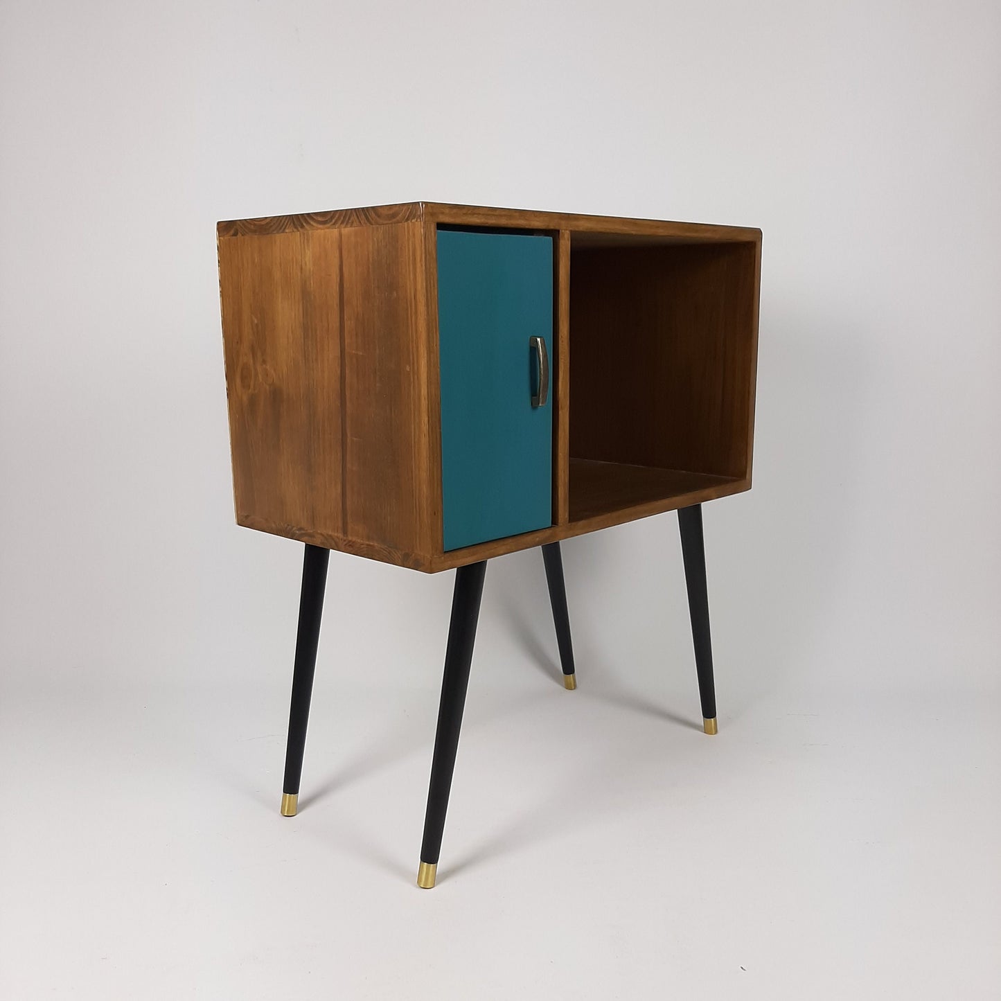 Compact Walnut Sideboard with Blue Door | Minimalist Media Console | Vinyl Record Storage | TV Stand | Solid Wood Sideboard