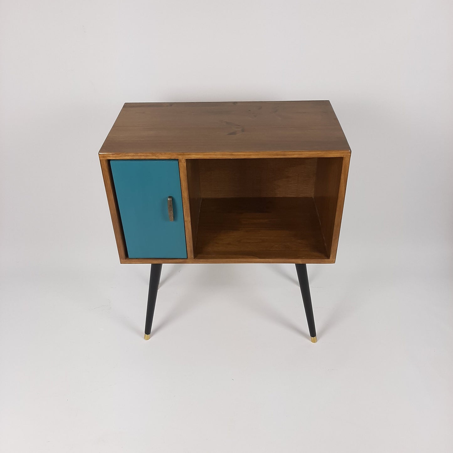 Compact Walnut Sideboard with Blue Door | Minimalist Media Console | Vinyl Record Storage | TV Stand | Solid Wood Sideboard