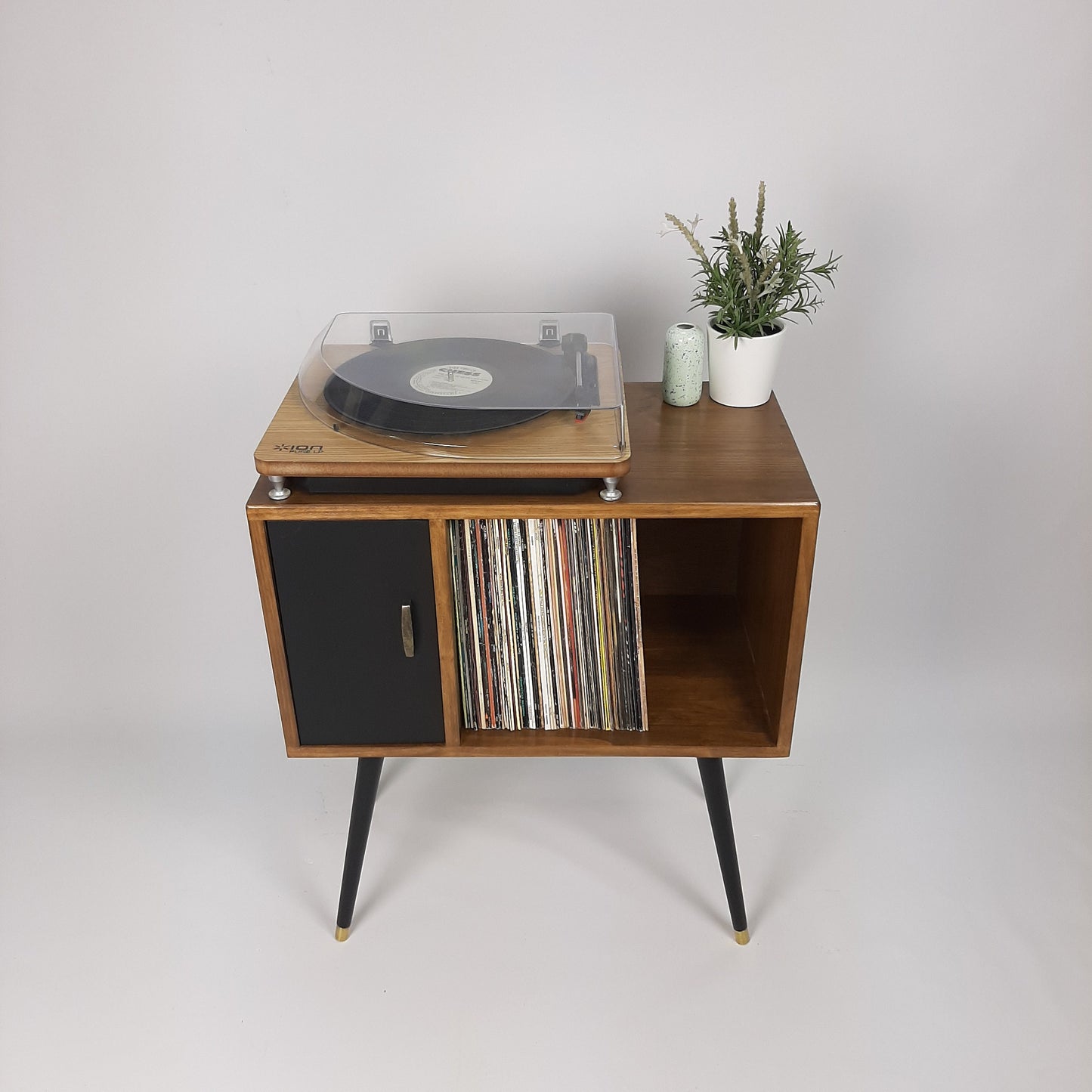 Compact Walnut Sideboard with Black Door | Minimalist Media Console | Vinyl Record Storage | TV Stand | Solid Wood Sideboard