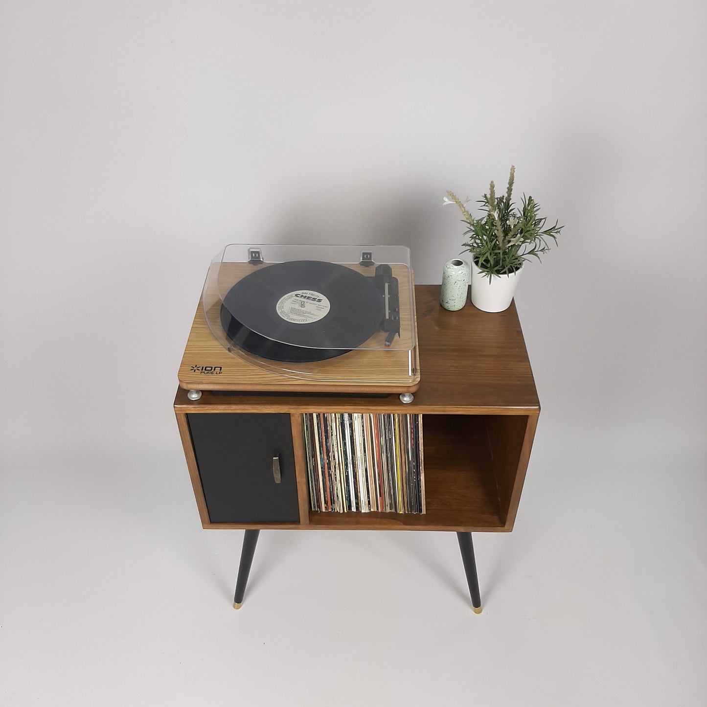 Compact Walnut Sideboard with Black Door | Minimalist Media Console | Vinyl Record Storage | TV Stand | Solid Wood Sideboard