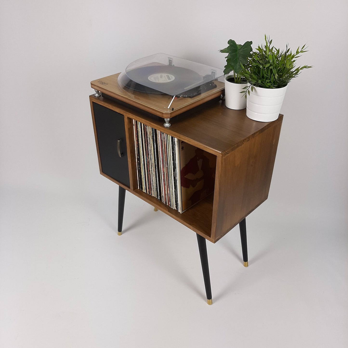 Compact Walnut Sideboard with Black Door | Minimalist Media Console | Vinyl Record Storage | TV Stand | Solid Wood Sideboard