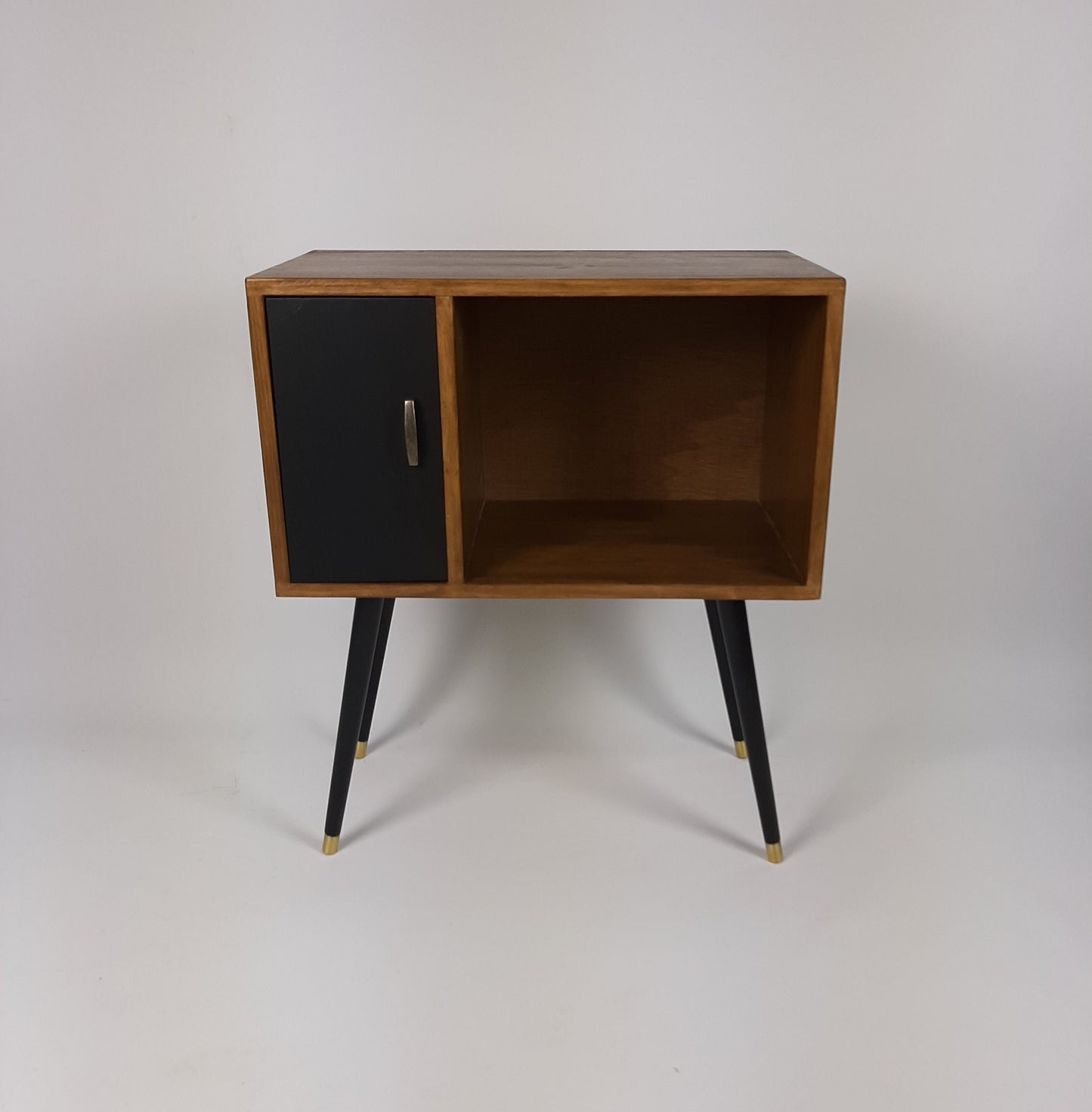 Compact Walnut Sideboard with Black Door | Minimalist Media Console | Vinyl Record Storage | TV Stand | Solid Wood Sideboard
