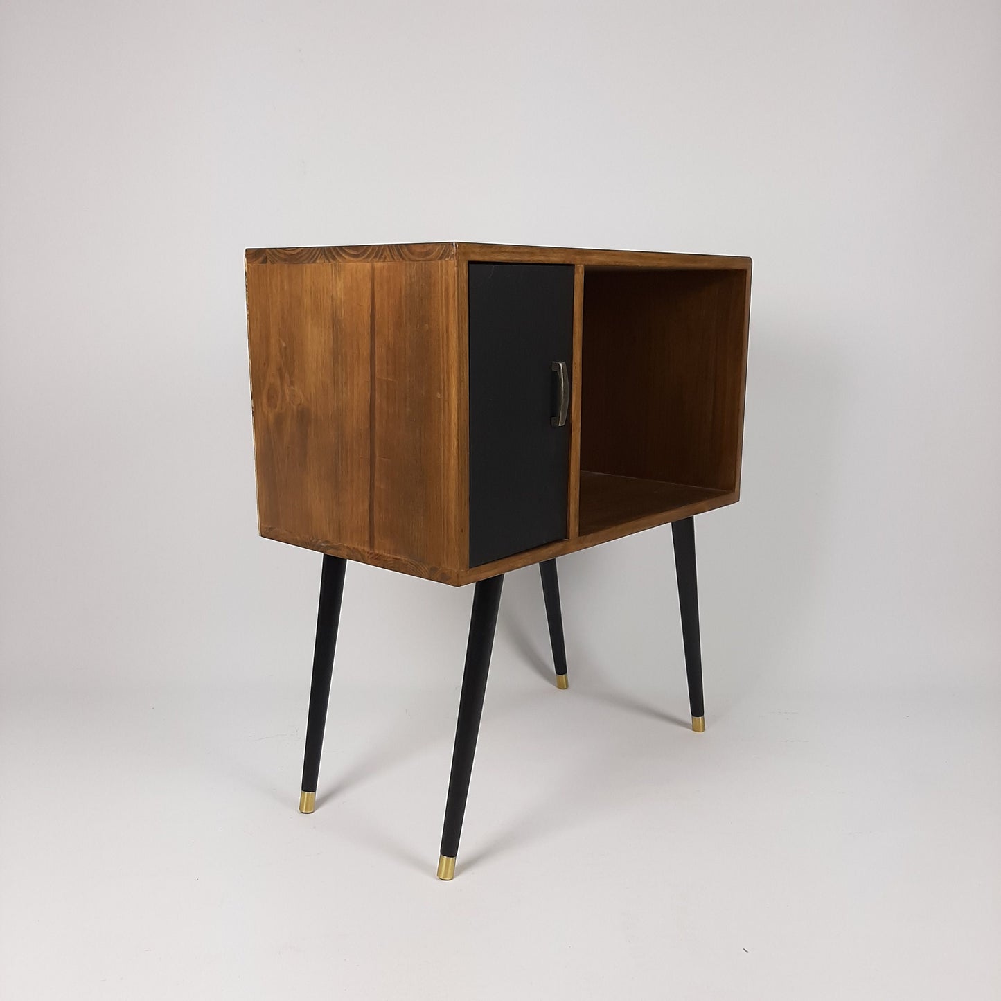 Compact Walnut Sideboard with Black Door | Minimalist Media Console | Vinyl Record Storage | TV Stand | Solid Wood Sideboard