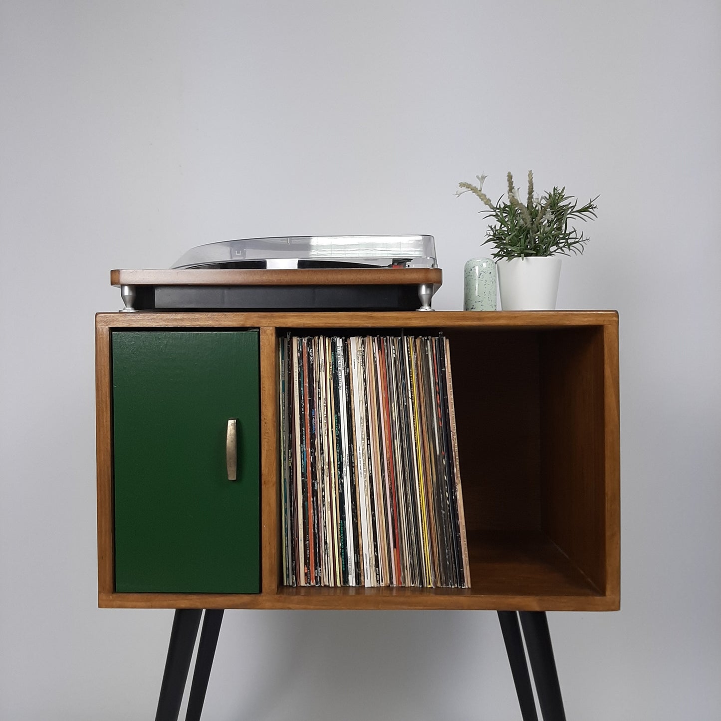 Compact Walnut Sideboard with Green Door | Minimalist Media Console | Vinyl Record Storage | TV Stand | Solid Wood Sideboard