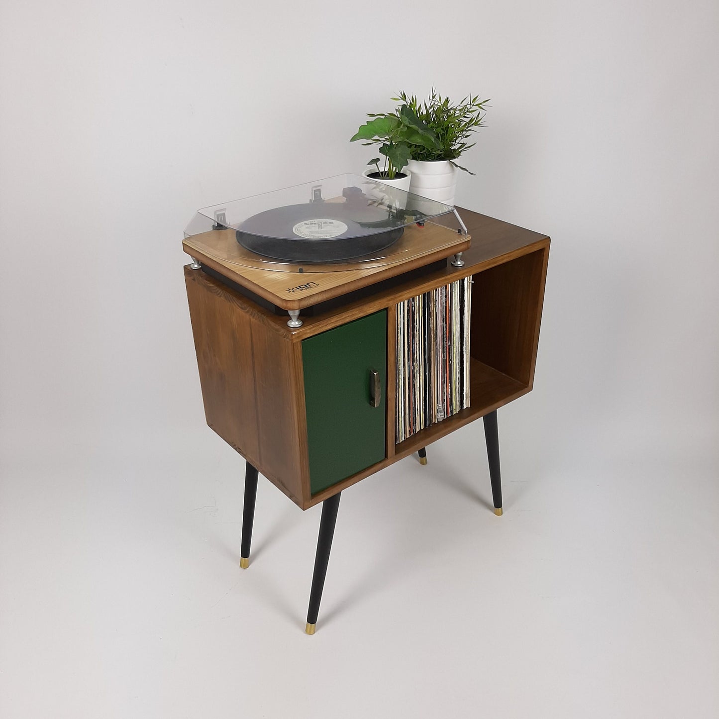 Compact Walnut Sideboard with Green Door | Minimalist Media Console | Vinyl Record Storage | TV Stand | Solid Wood Sideboard
