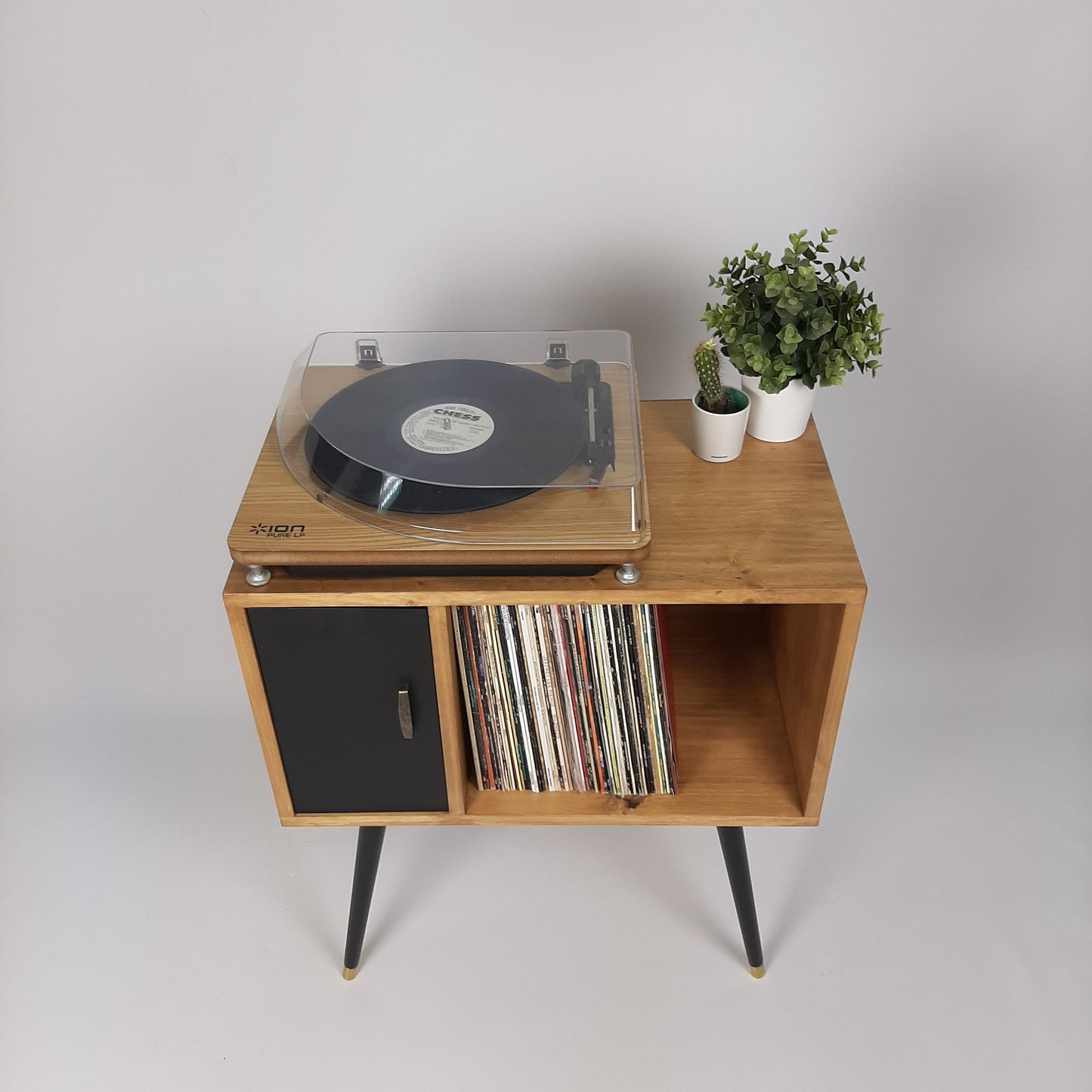 Oak Sideboard with Black Door | Vinyl Record Storage | Console Table | Record Cabinet | Mid Century Modern Legs | Dansette Record Table