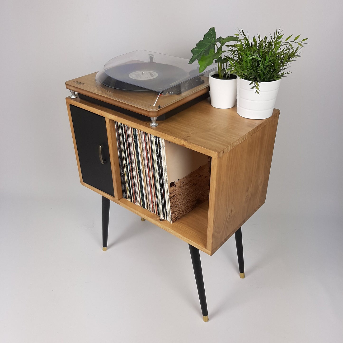 Oak Sideboard with Black Door | Vinyl Record Storage | Console Table | Record Cabinet | Mid Century Modern Legs | Dansette Record Table