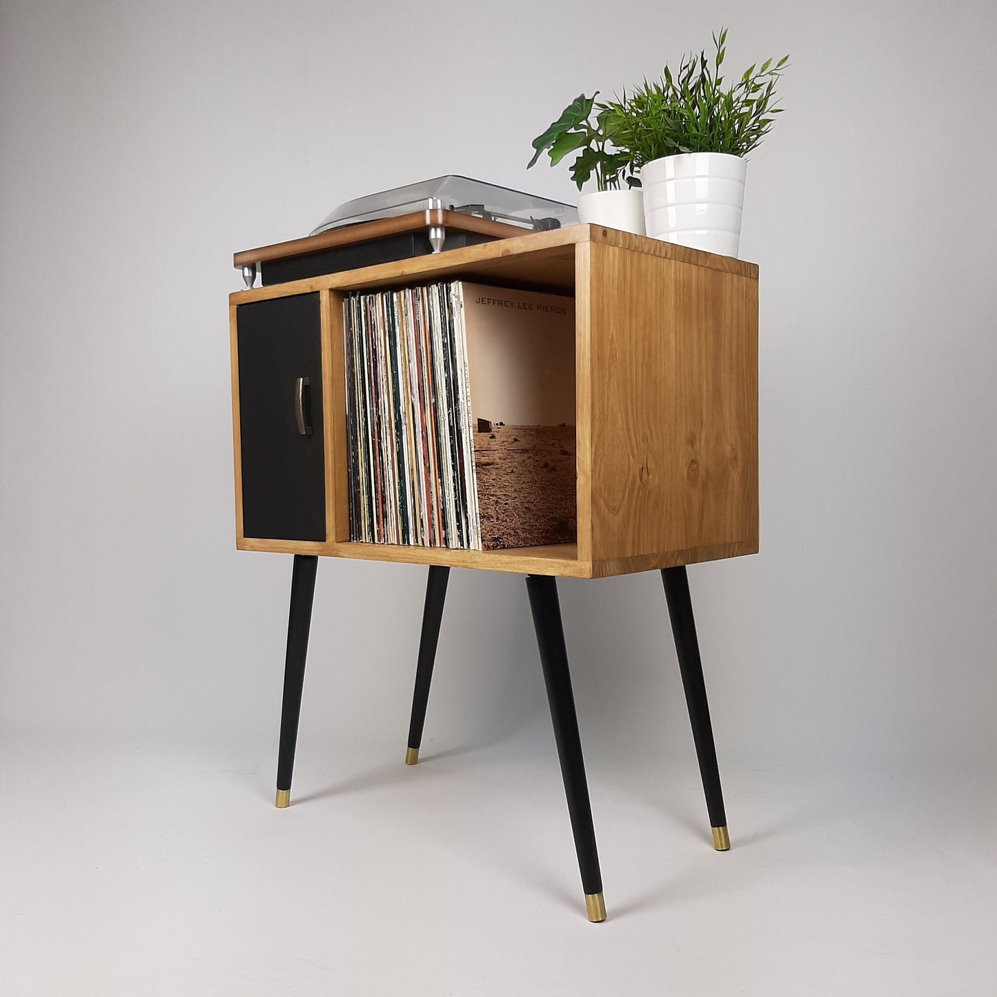 Oak Sideboard with Black Door | Vinyl Record Storage | Console Table | Record Cabinet | Mid Century Modern Legs | Dansette Record Table