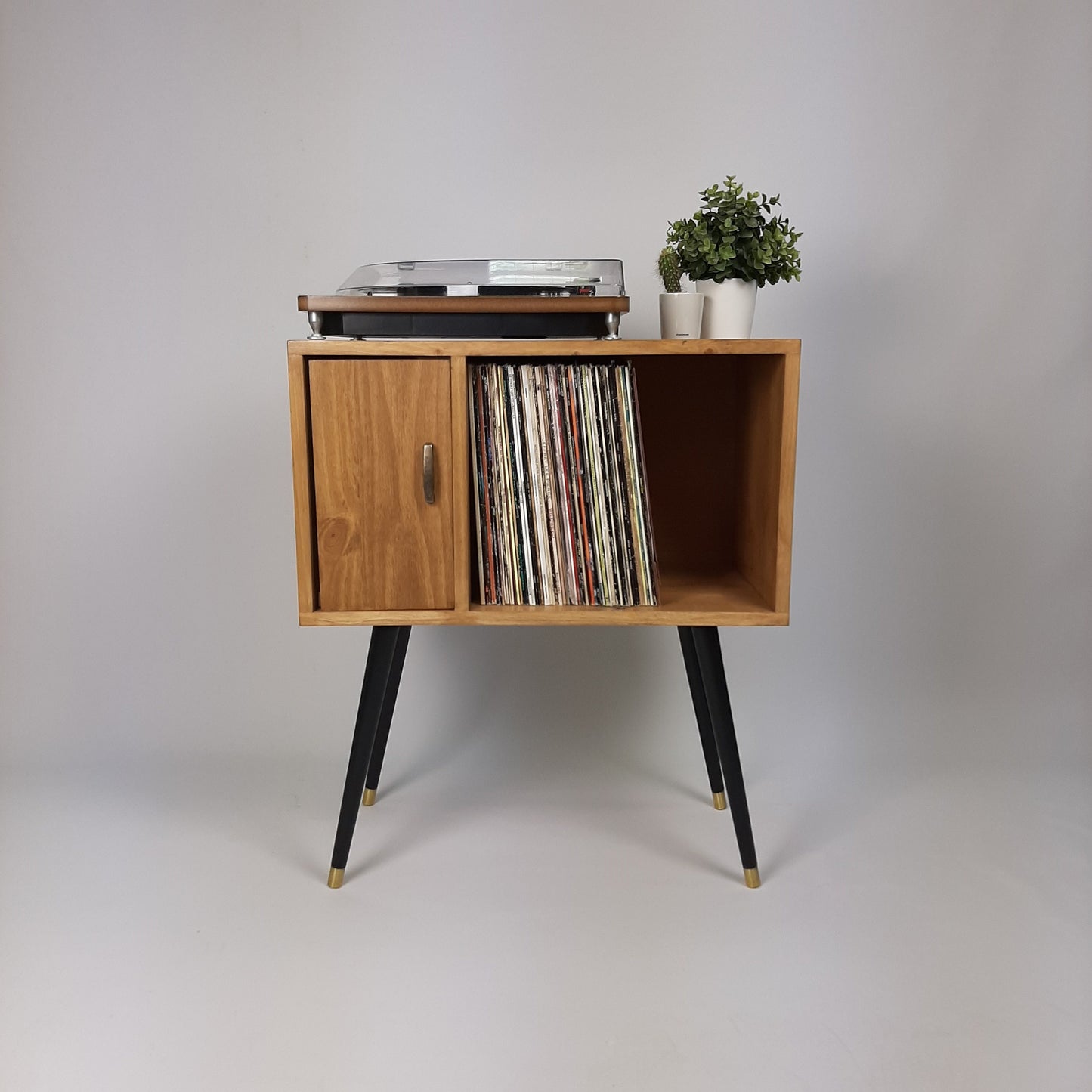 Oak Sideboard with Brass Handle Black 1950s Legs | Small Solid Wood Sideboard | Record Storage Console | Classic Style | Modernist Furniture