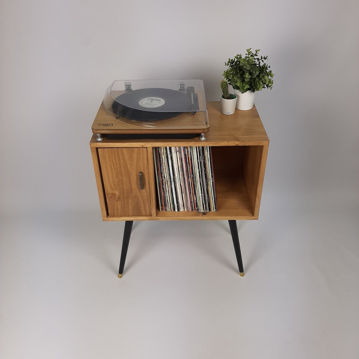 Oak Sideboard with Brass Handle Black 1950s Legs | Small Solid Wood Sideboard | Record Storage Console | Classic Style | Modernist Furniture