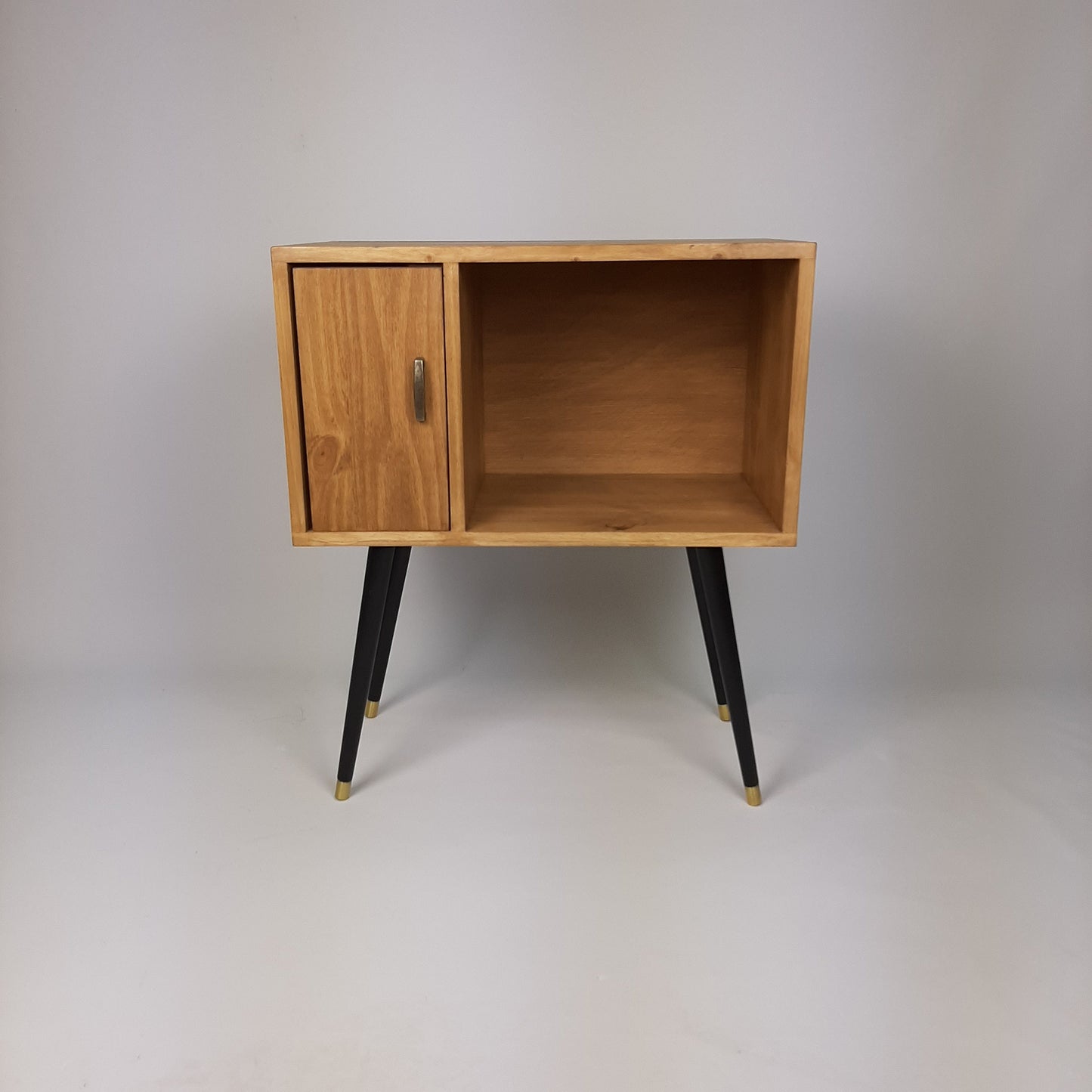 Oak Sideboard with Brass Handle Black 1950s Legs | Small Solid Wood Sideboard | Record Storage Console | Classic Style | Modernist Furniture